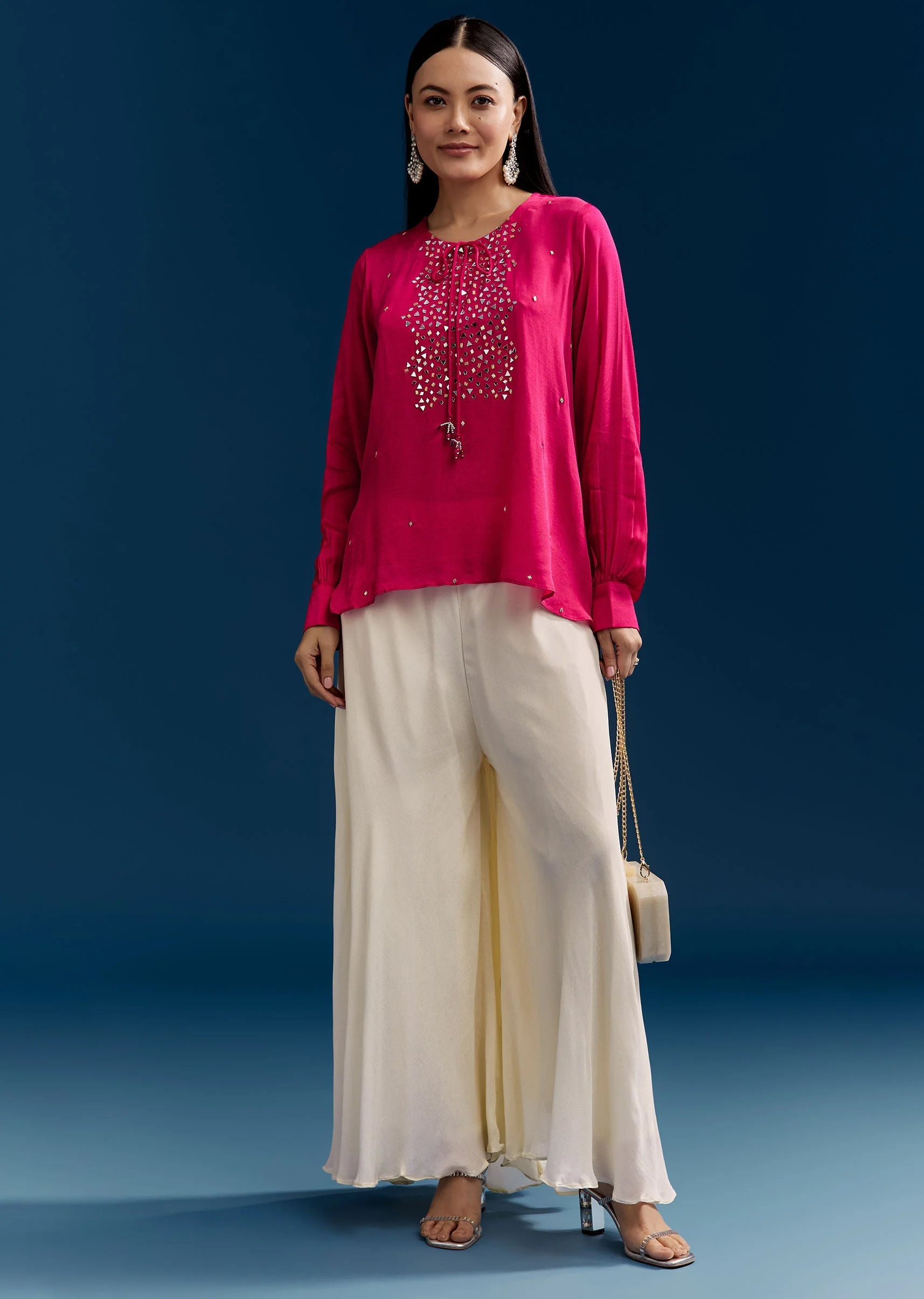 Pink Georgette Crop Top With Mirror Work - Image 3