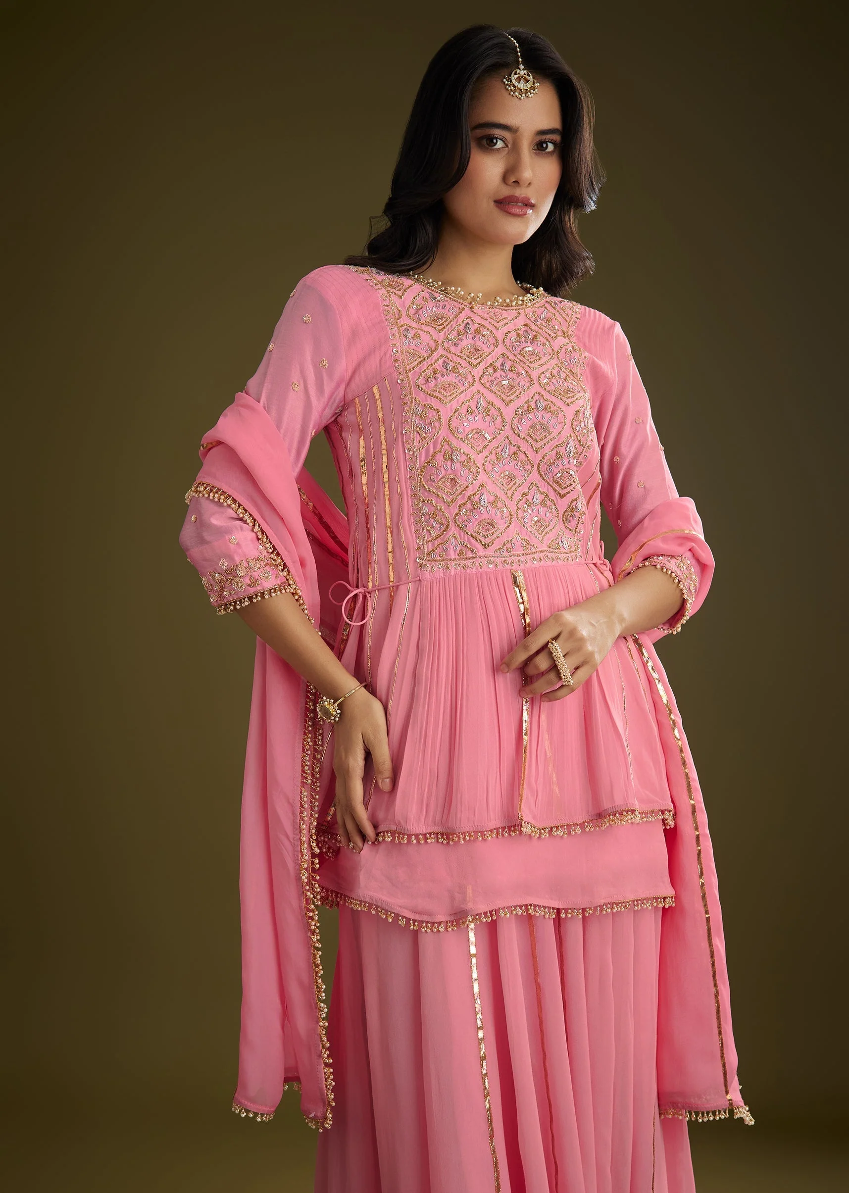 Pink Georgette Gotta Lace Kurta Set With Cut Dana and Sequins Detailing - Image 2