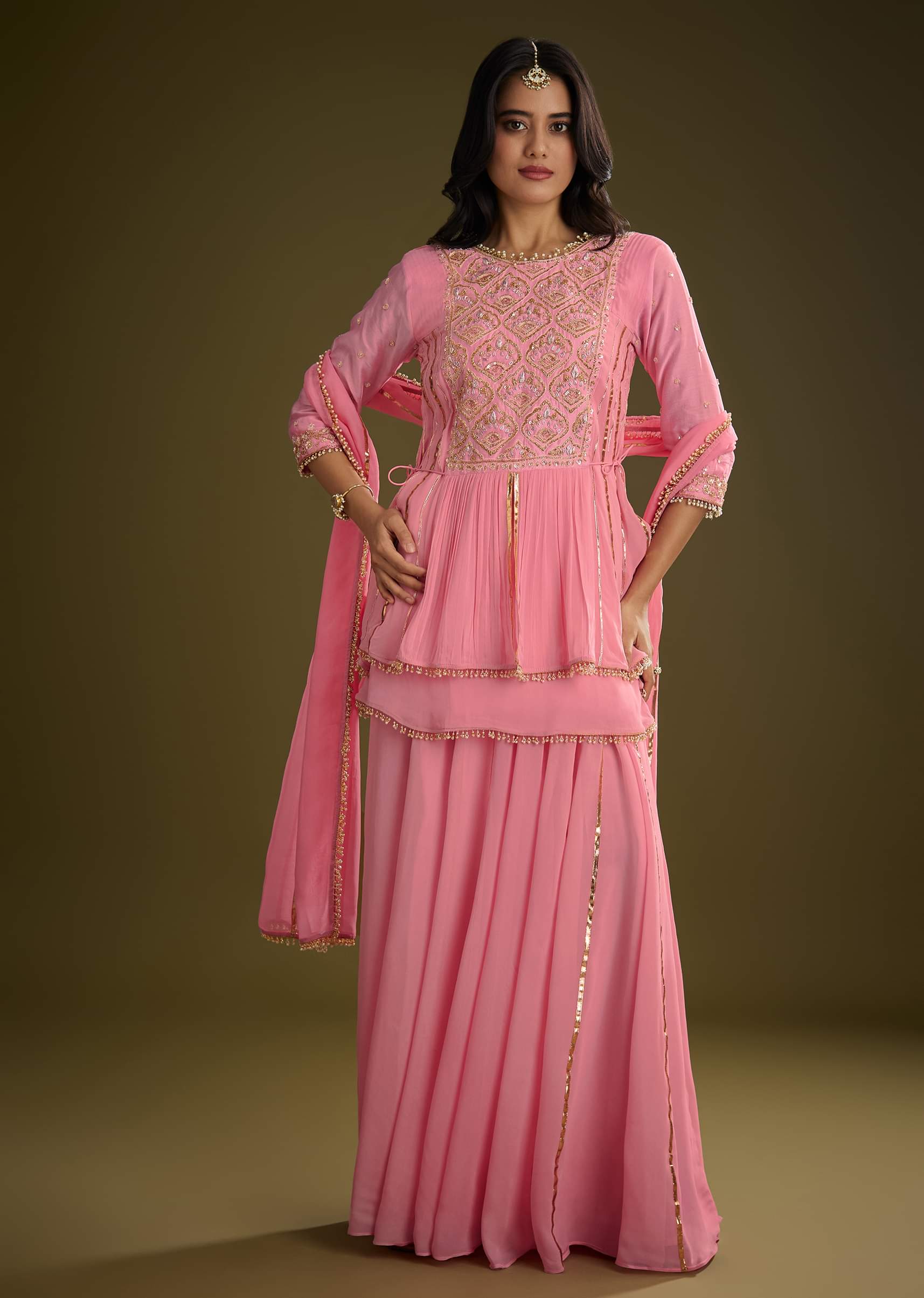 Pink Georgette Gotta Lace Kurta Set With Cut Dana and Sequins Detailing - Image 3
