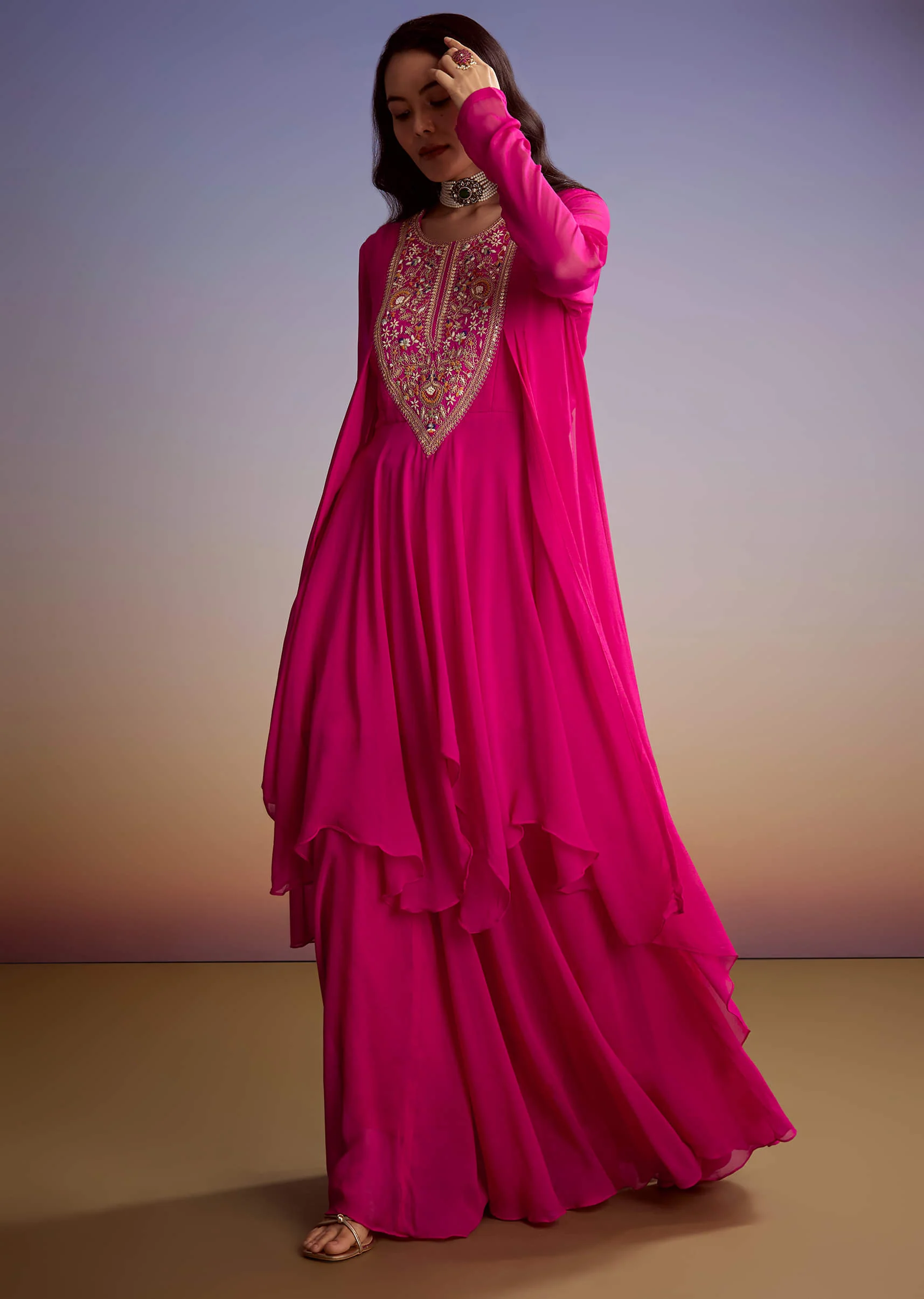Pink Georgette Indo Western Set With Zari And Sequins Work - Image 3