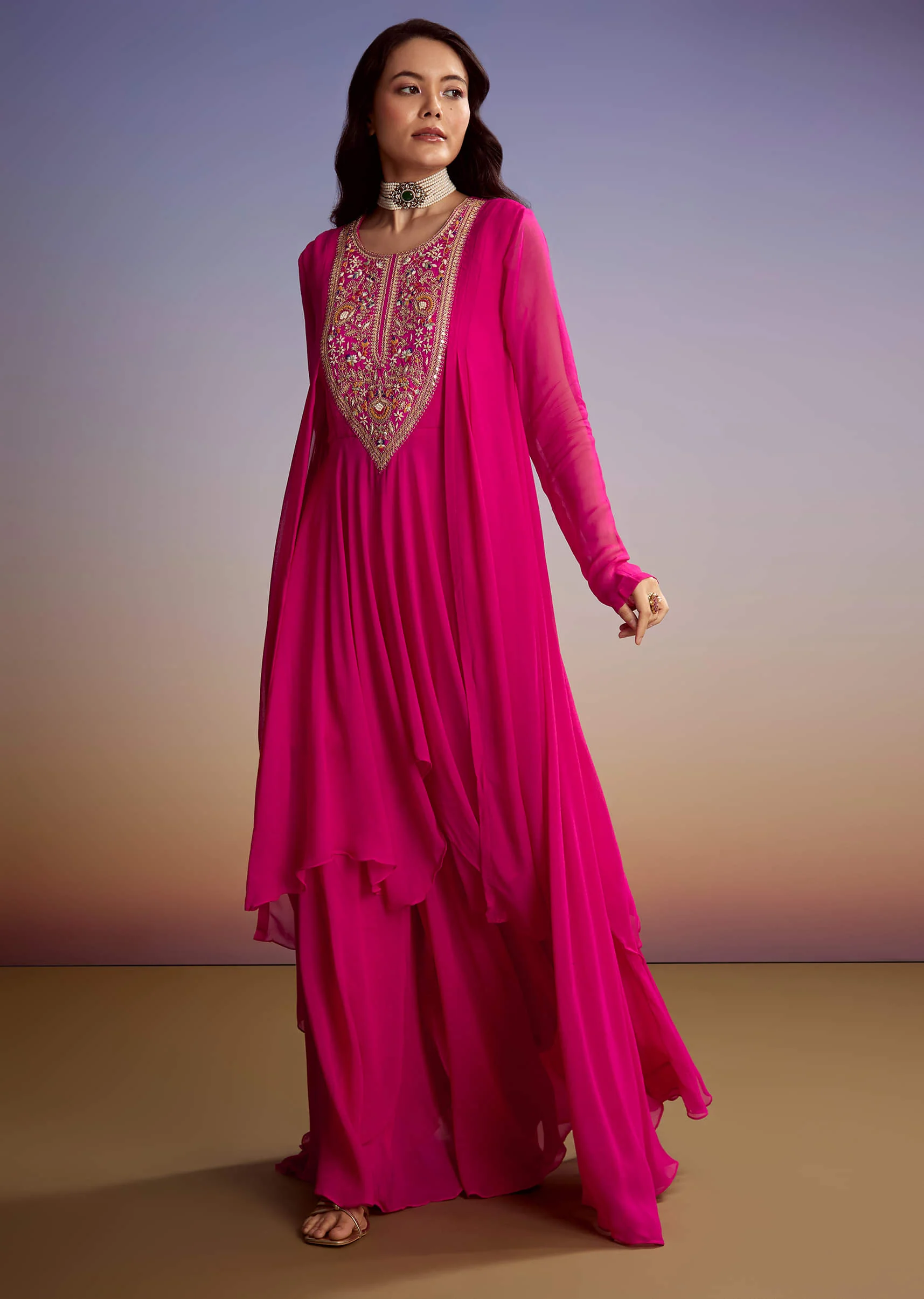Pink Georgette Indo Western Set With Zari And Sequins Work - Image 7