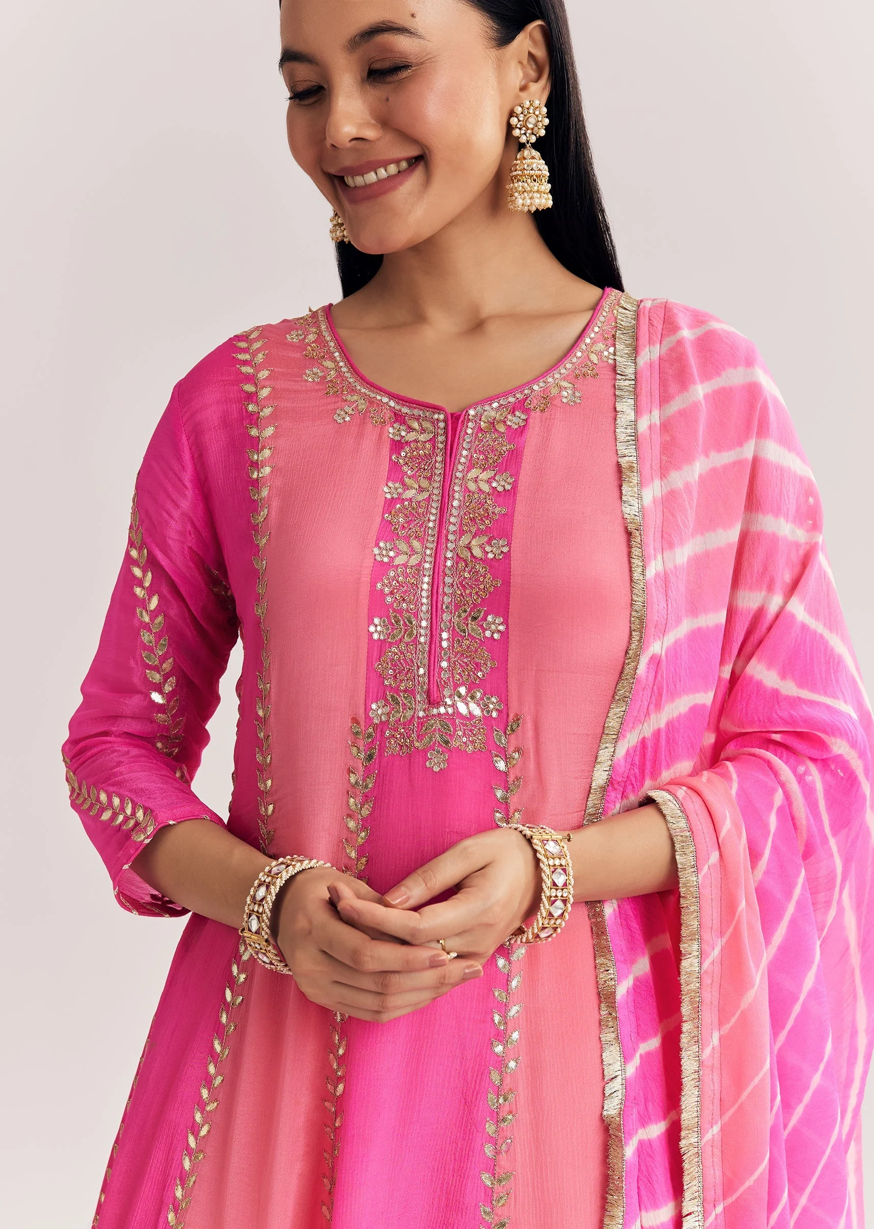 Pink Georgette Kurta Dhoti Suit With Gotta Lace And Moti Work - Image 2