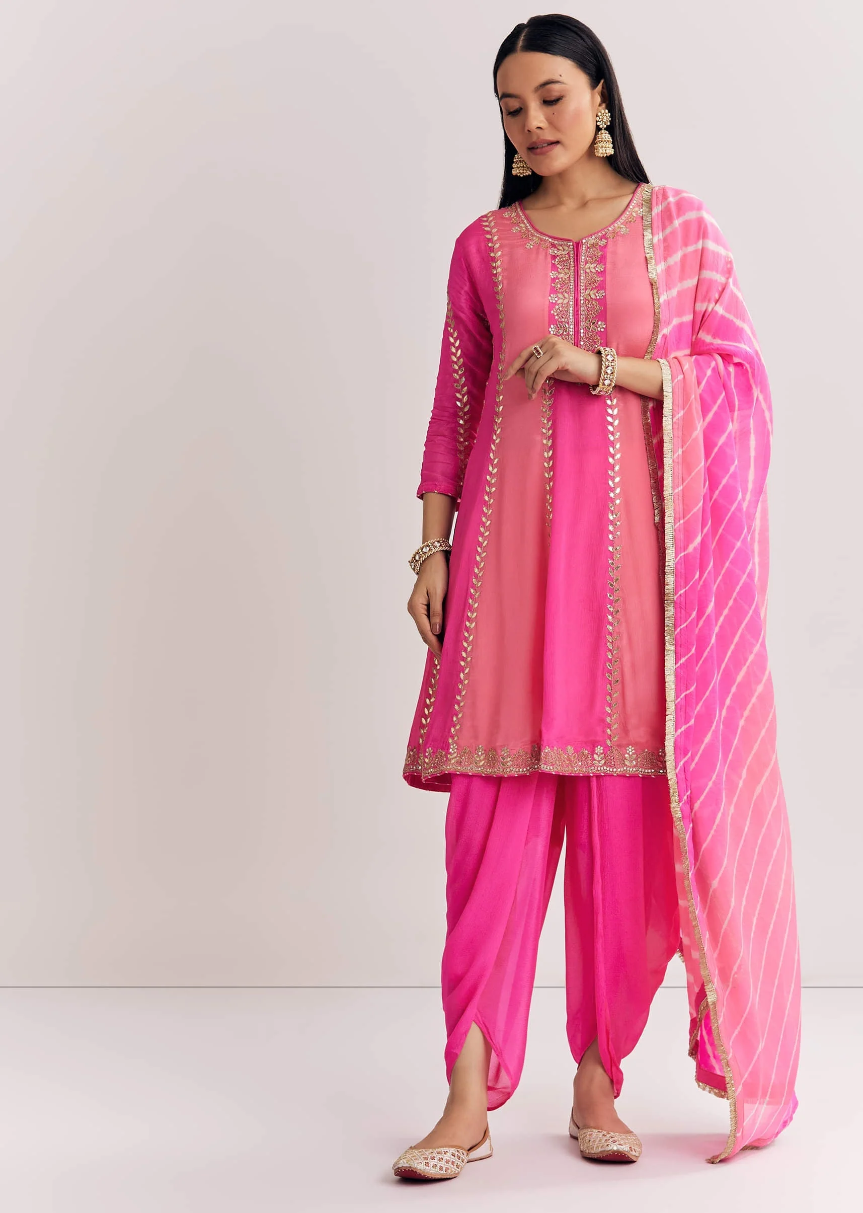 Pink Georgette Kurta Dhoti Suit With Gotta Lace And Moti Work - Image 3