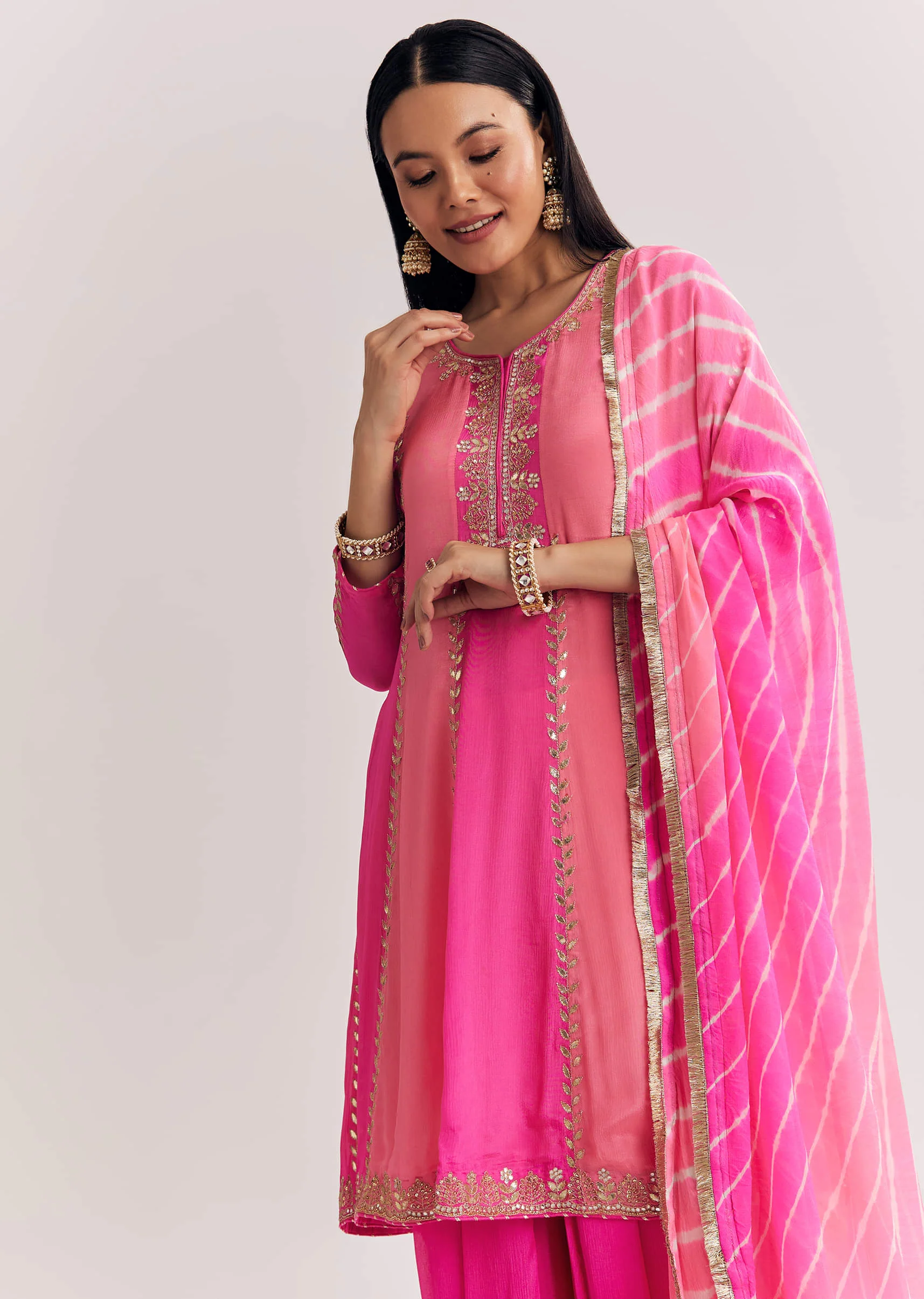 Pink Georgette Kurta Dhoti Suit With Gotta Lace And Moti Work - Image 4