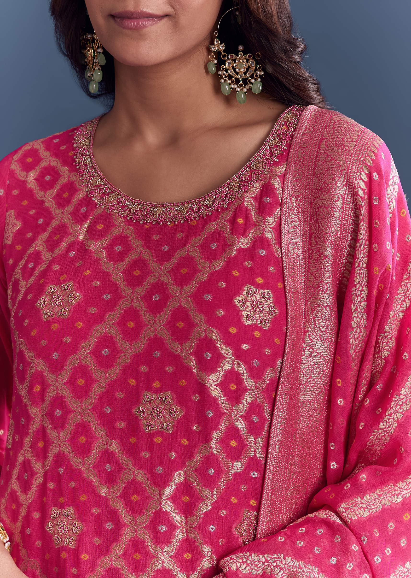 Pink Georgette Kurta Set With Bandhani Print And Jacquard Weave - Image 2