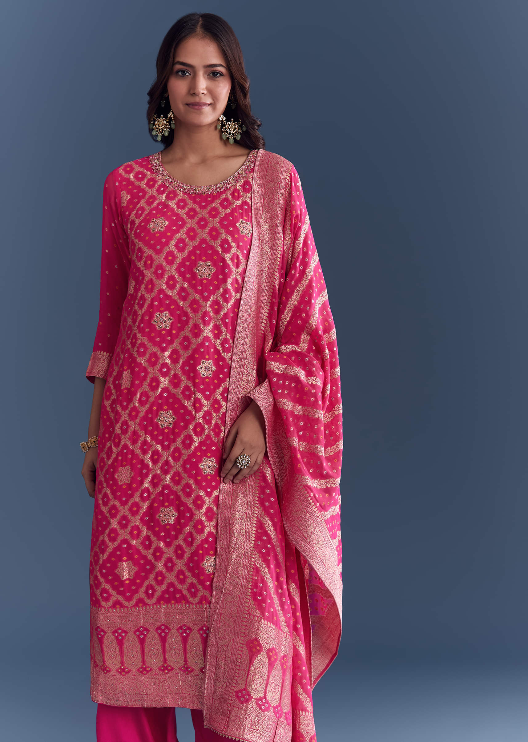 Pink Georgette Kurta Set With Bandhani Print And Jacquard Weave - Image 4