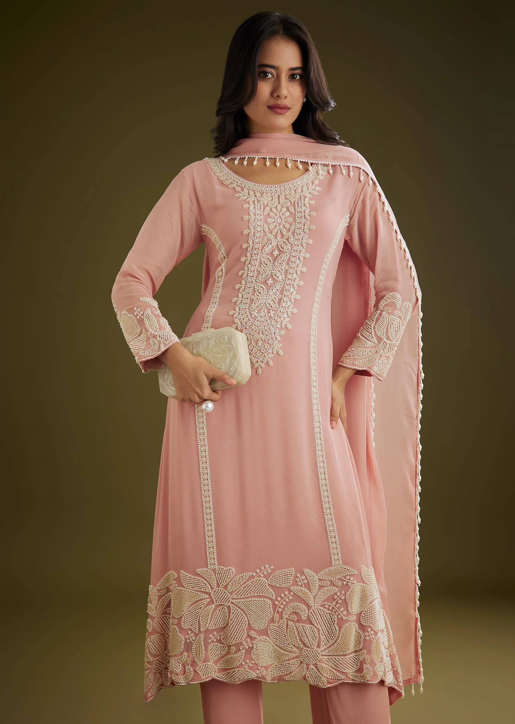 Pink Georgette Moti Work Asymmetrical Kurta Set With Tassels Bordered Dupatta - Image 2