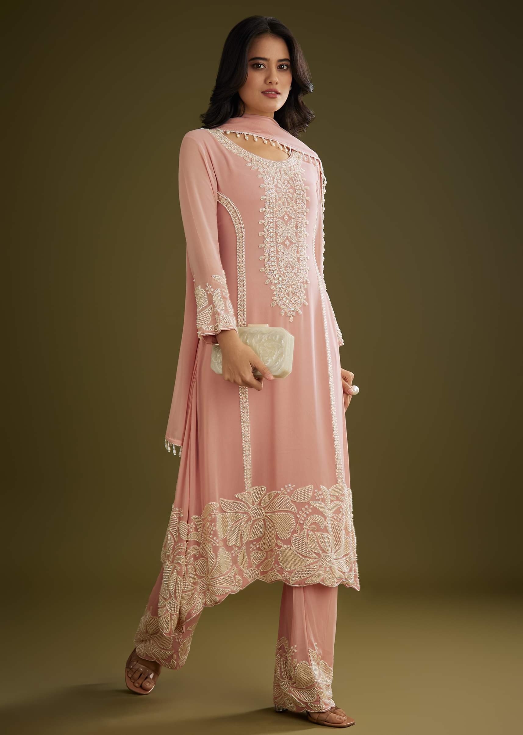 Pink Georgette Moti Work Asymmetrical Kurta Set With Tassels Bordered Dupatta - Image 3