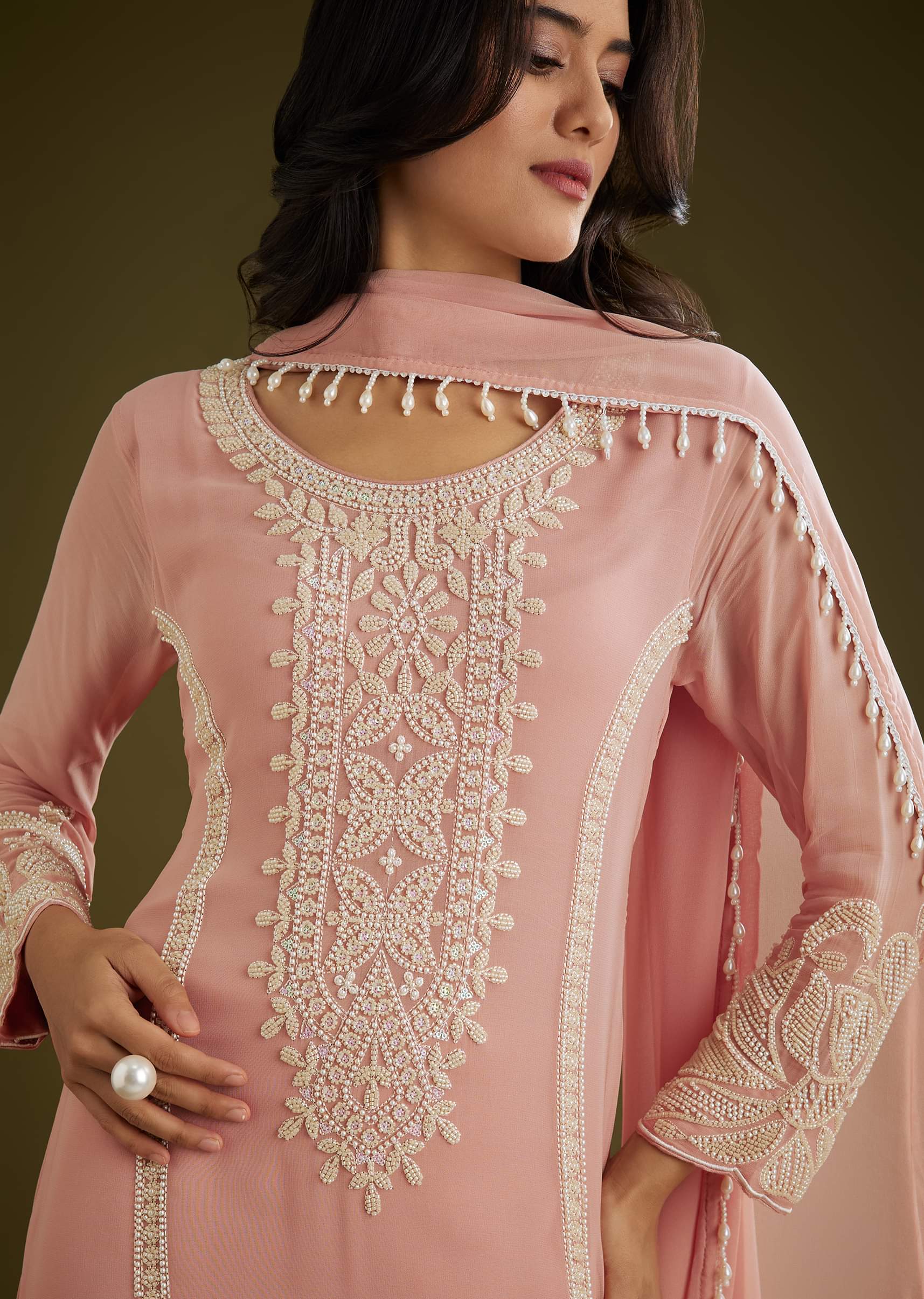 Pink Georgette Moti Work Asymmetrical Kurta Set With Tassels Bordered Dupatta - Image 4