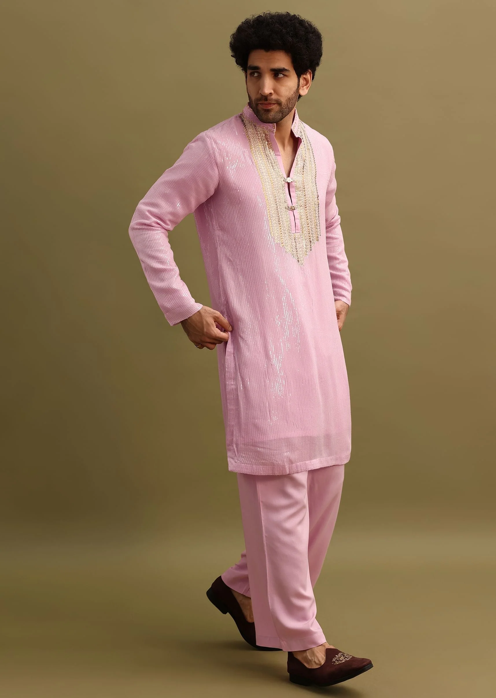 Pink Gold Sequin Work Kurta Pant Set - Image 2