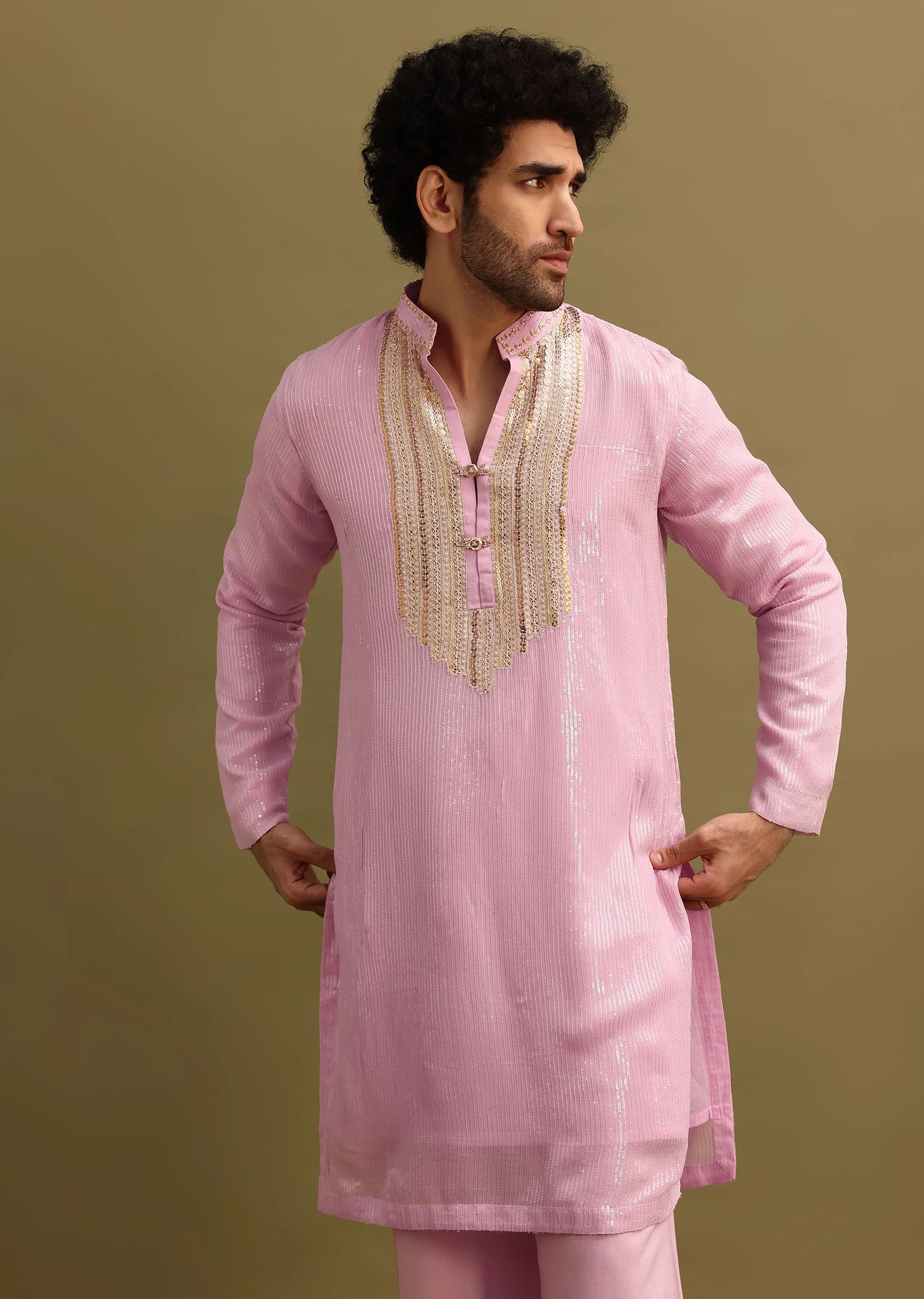 Pink Gold Sequin Work Kurta Pant Set - Image 3