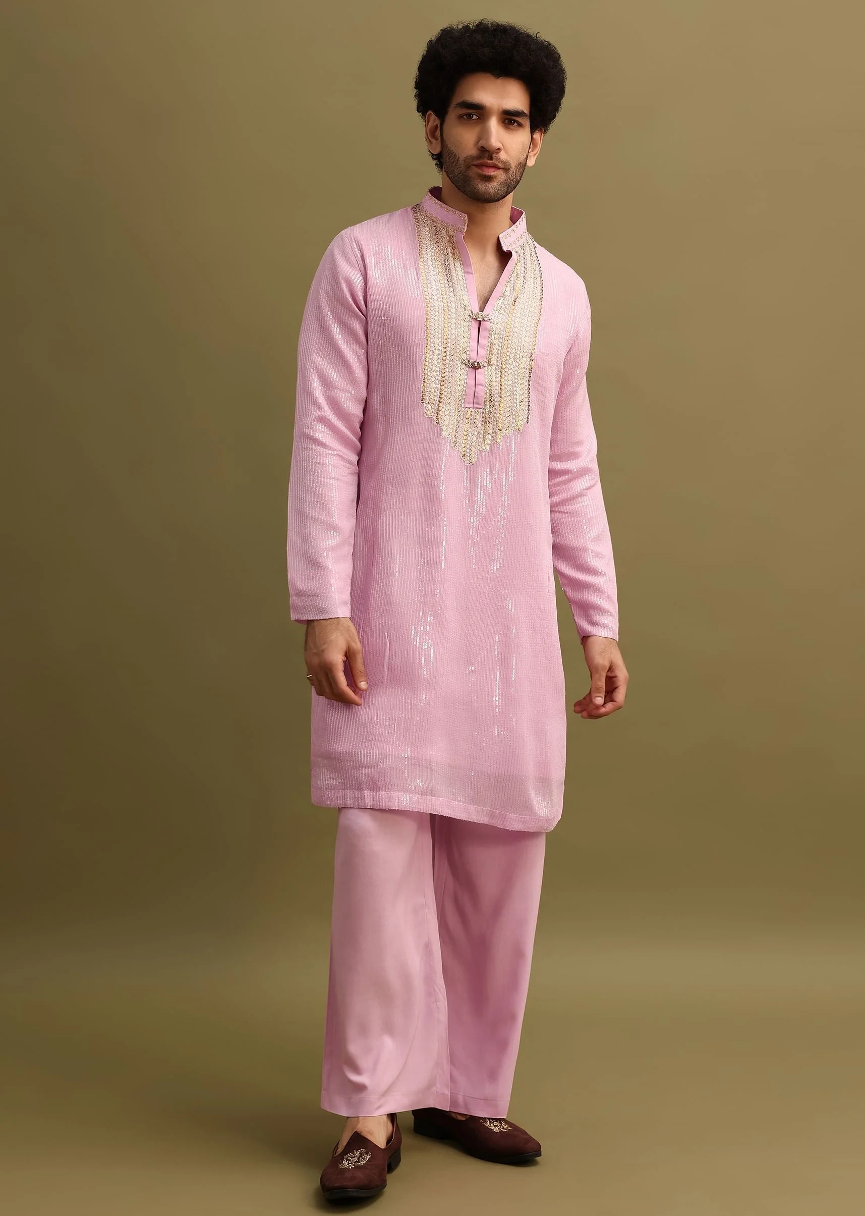 Pink Gold Sequin Work Kurta Pant Set - Image 4