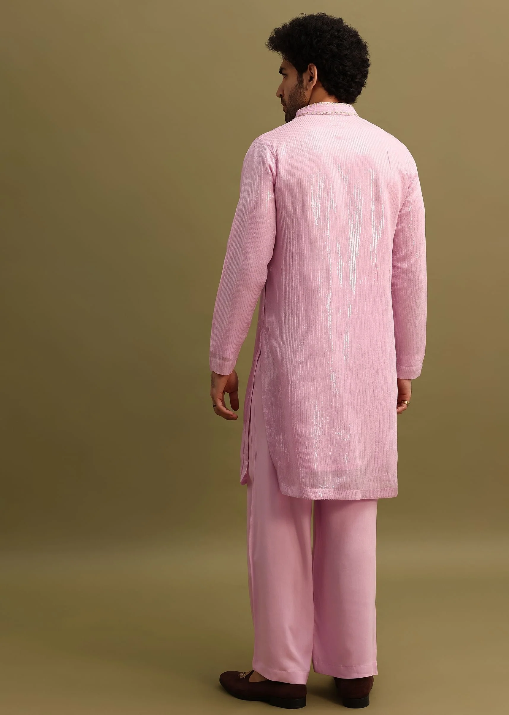Pink Gold Sequin Work Kurta Pant Set - Image 5