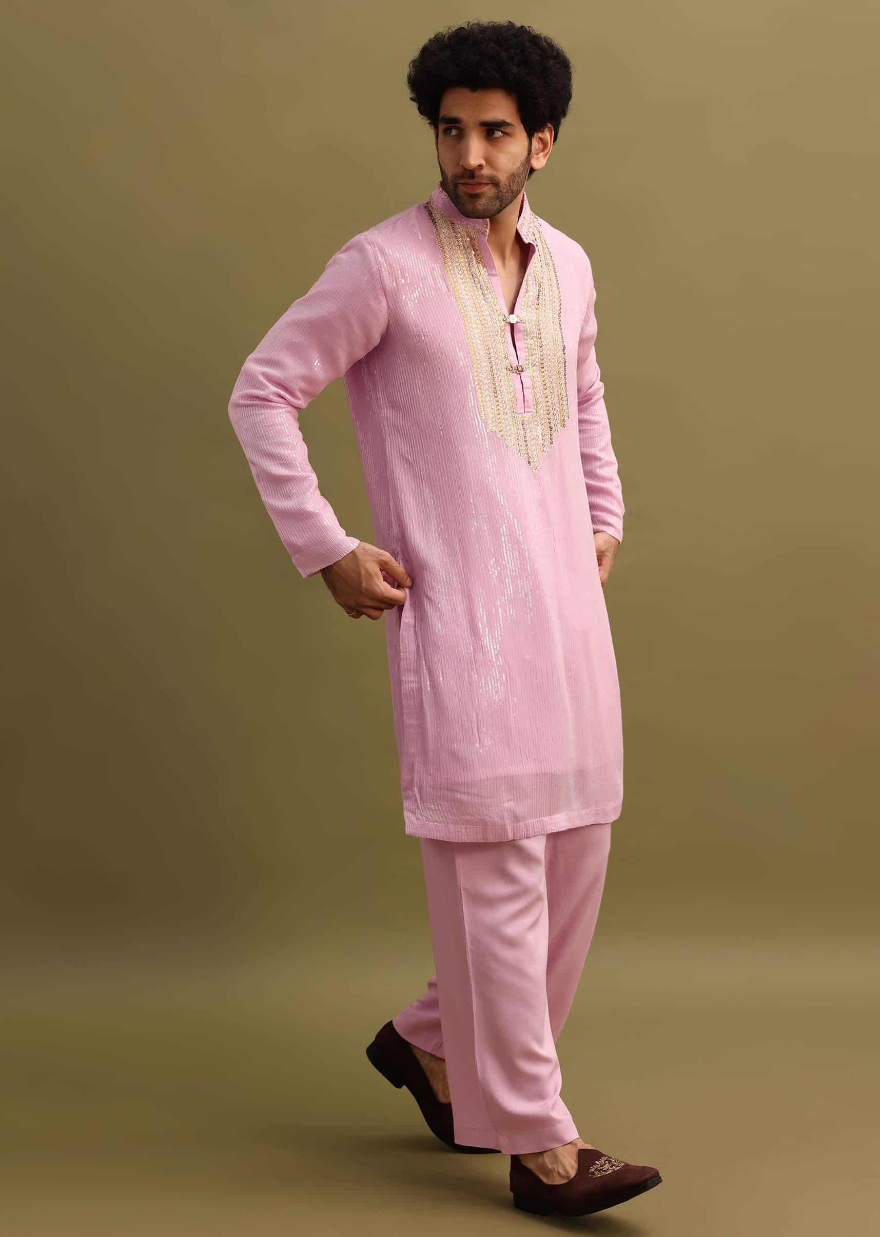Pink Gold Sequin Work Kurta Pant Set - Image 7