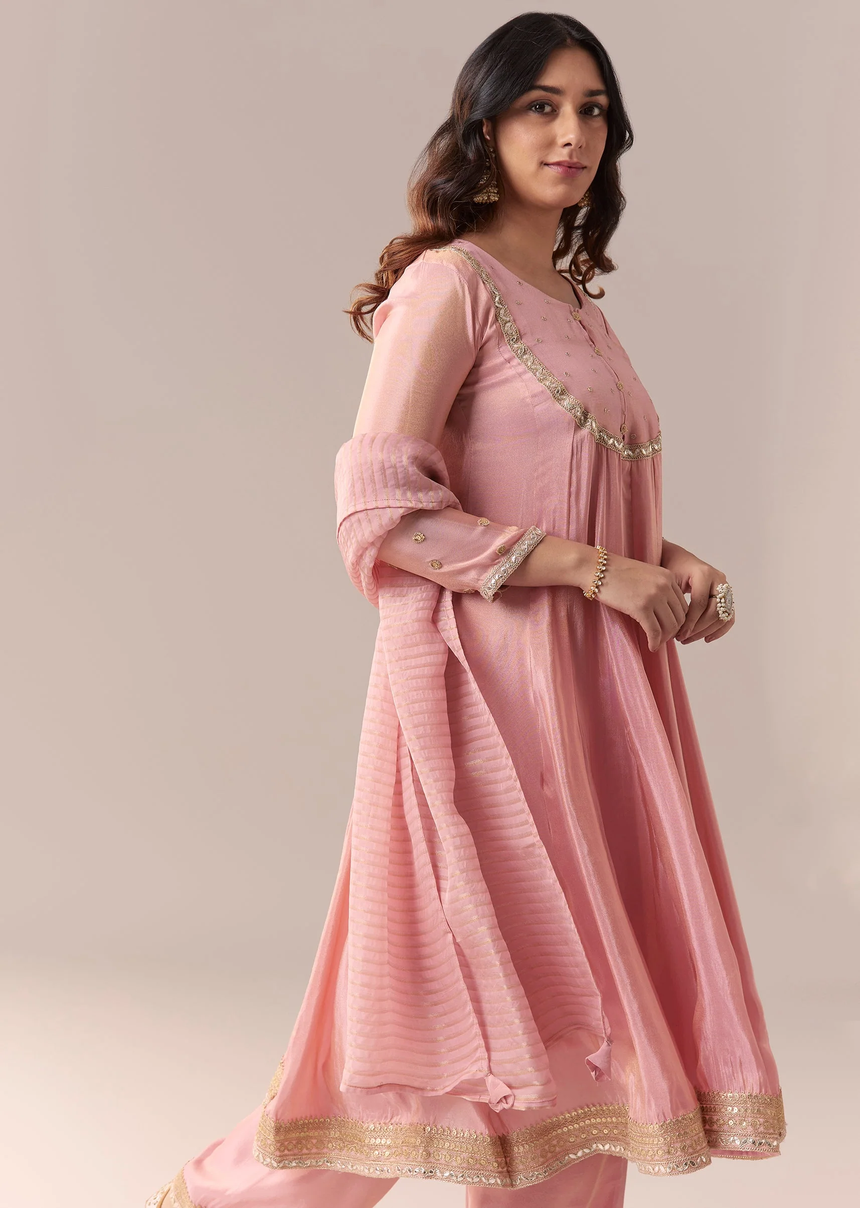 Pink Gotta Lace Tissue Anarkali Suit Set With Pant And Dupatta - Image 4