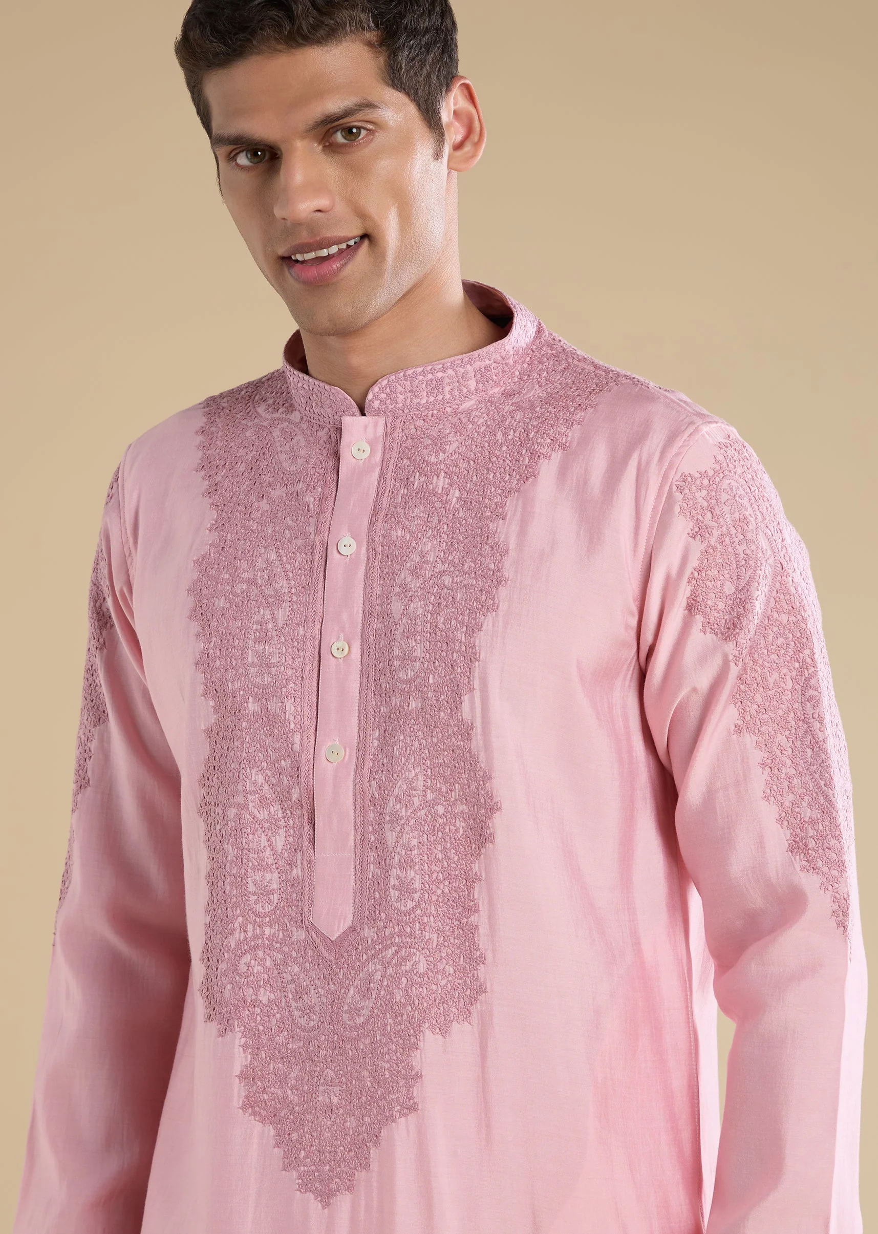 Pink Gujarati Handwork Chanderi Kurta Set - Image 2