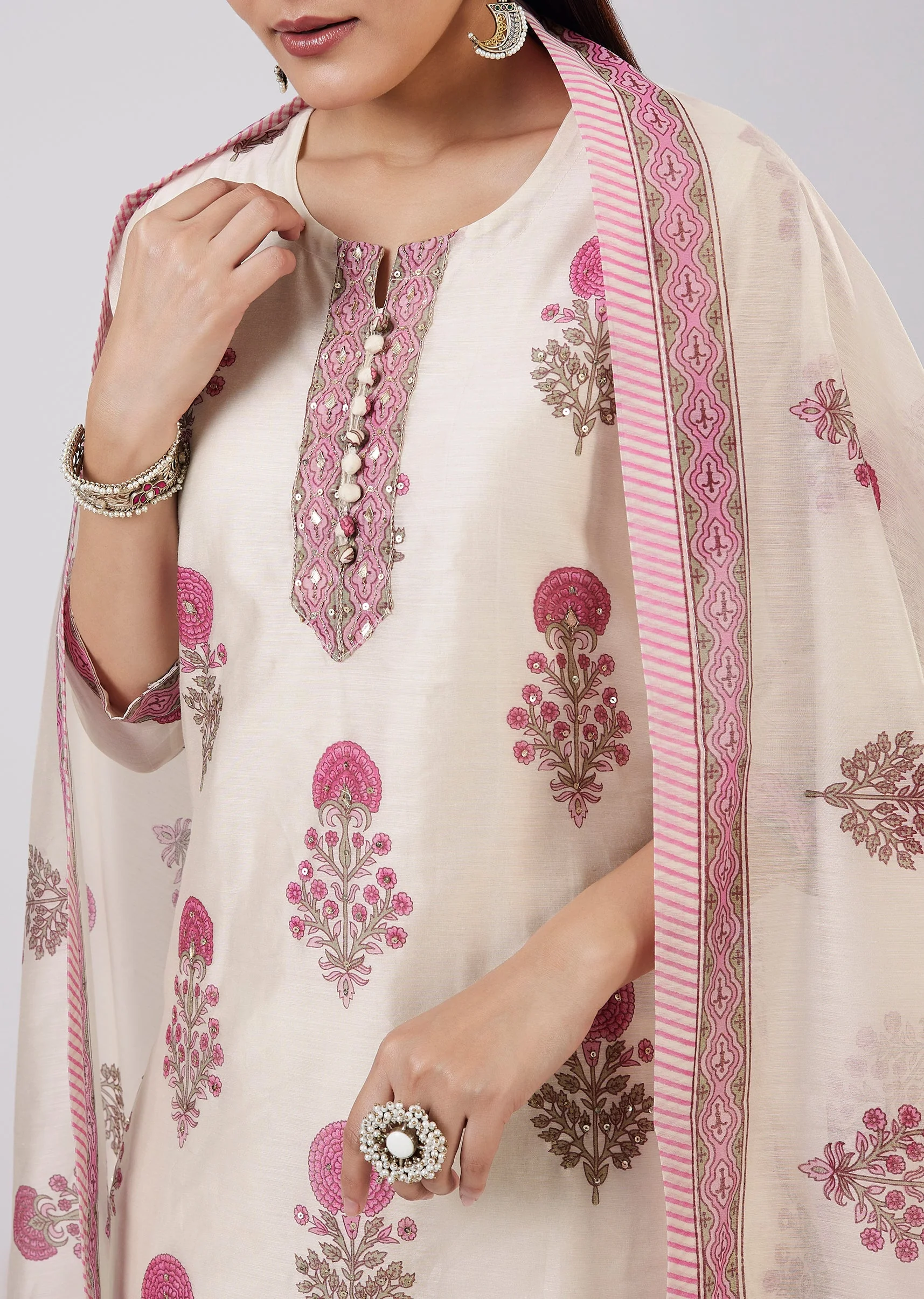 Pink Hand Block Printed Chanderi Kurta Set - Image 2