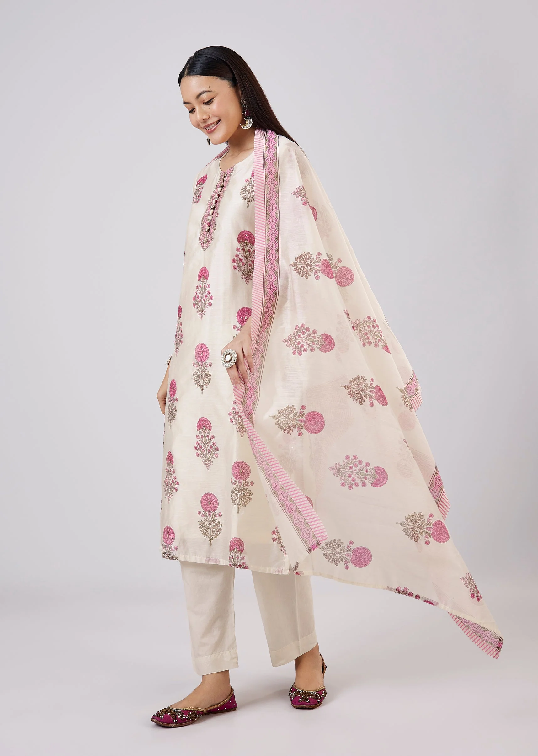 Pink Hand Block Printed Chanderi Kurta Set - Image 3