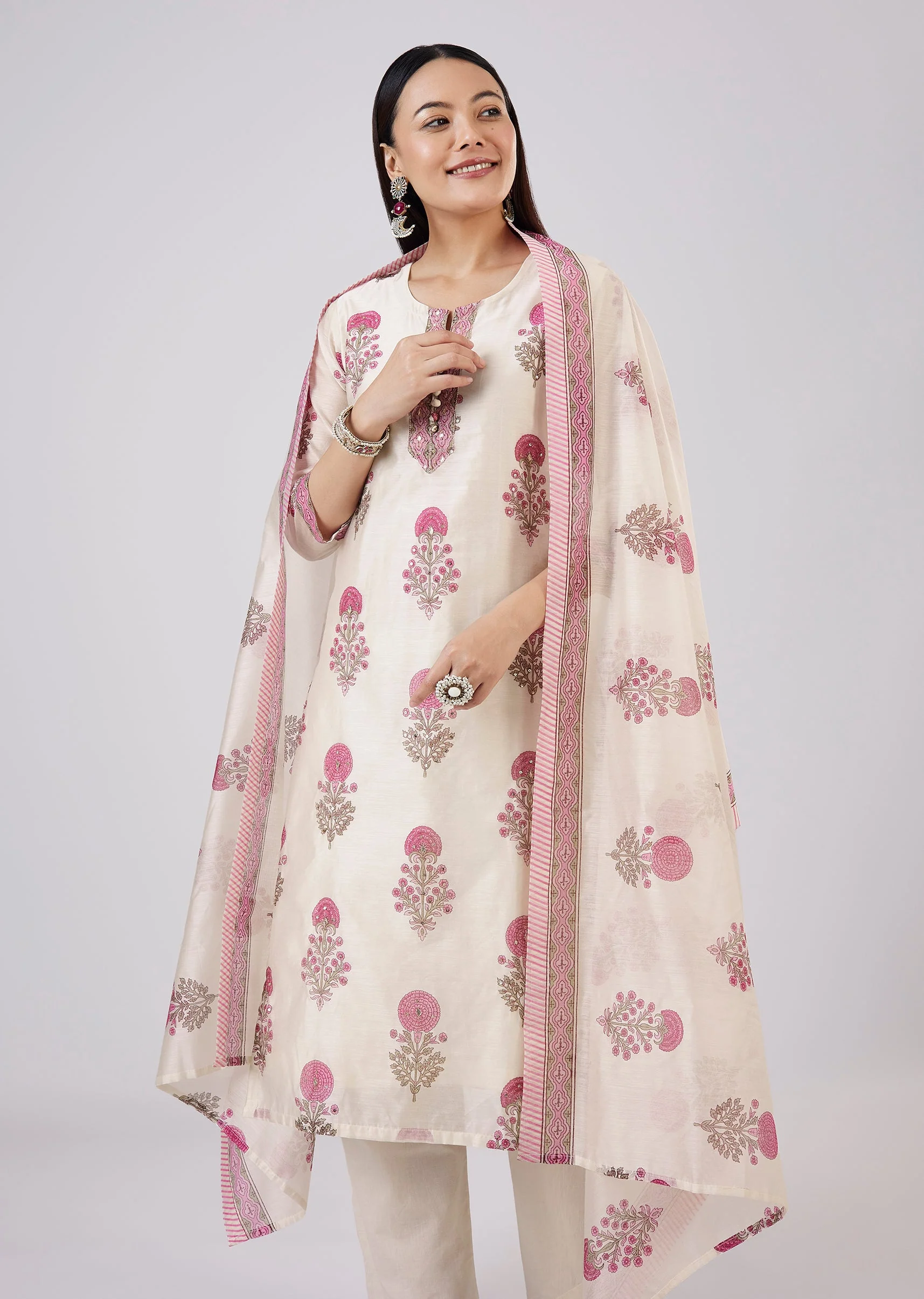 Pink Hand Block Printed Chanderi Kurta Set - Image 4