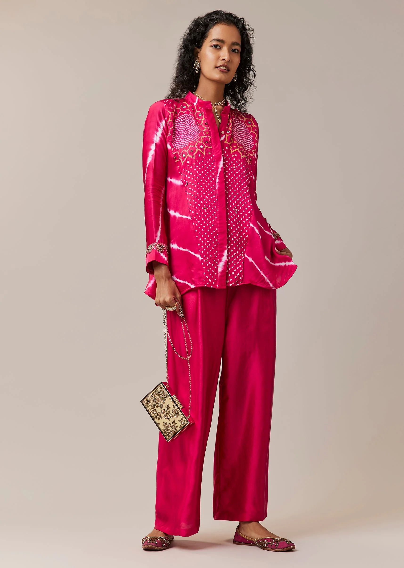 Pink Hand Dyed Bandhani and Leheriya Shirt Pant Set