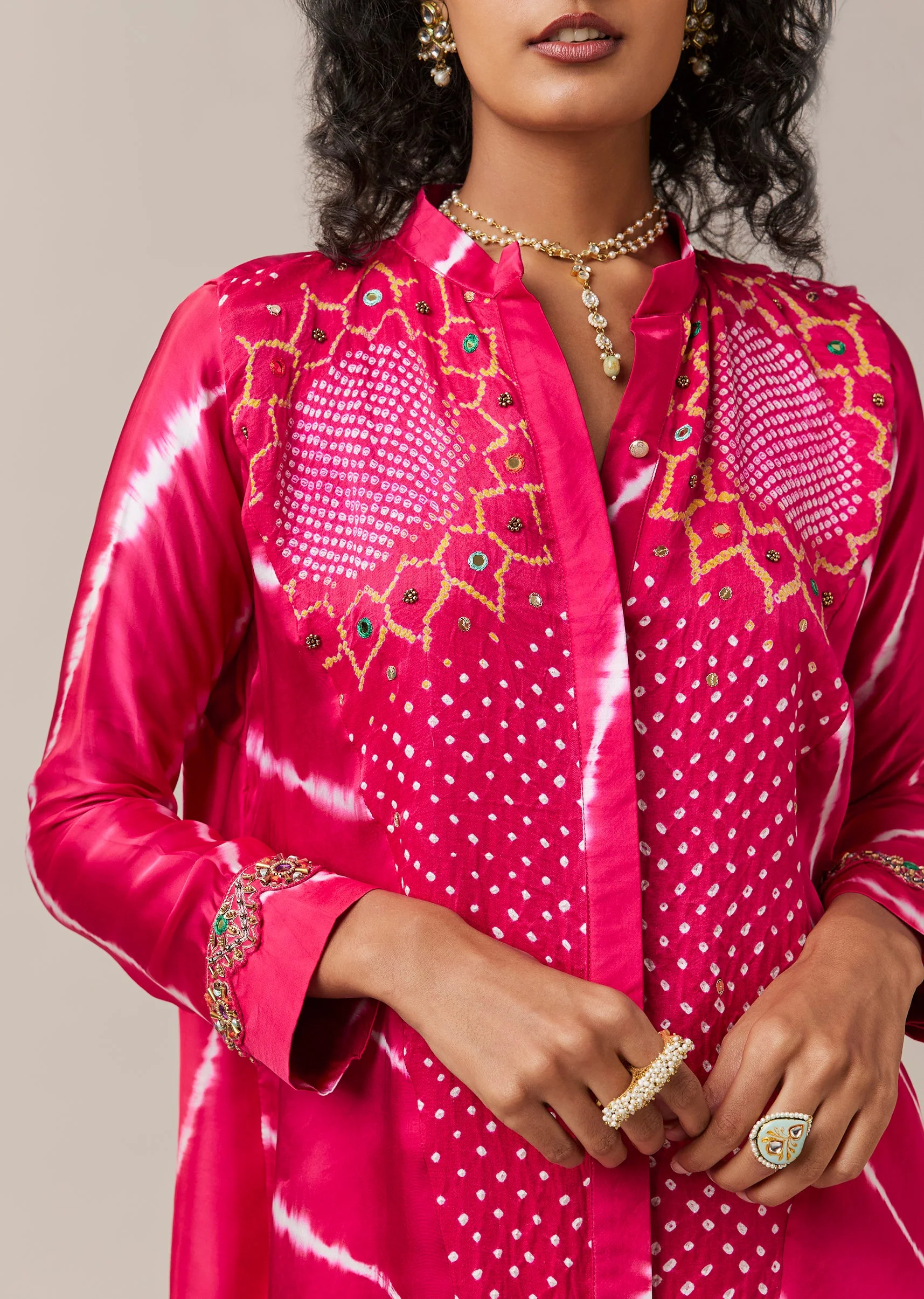 Pink Hand Dyed Bandhani and Leheriya Shirt Pant Set - Image 2