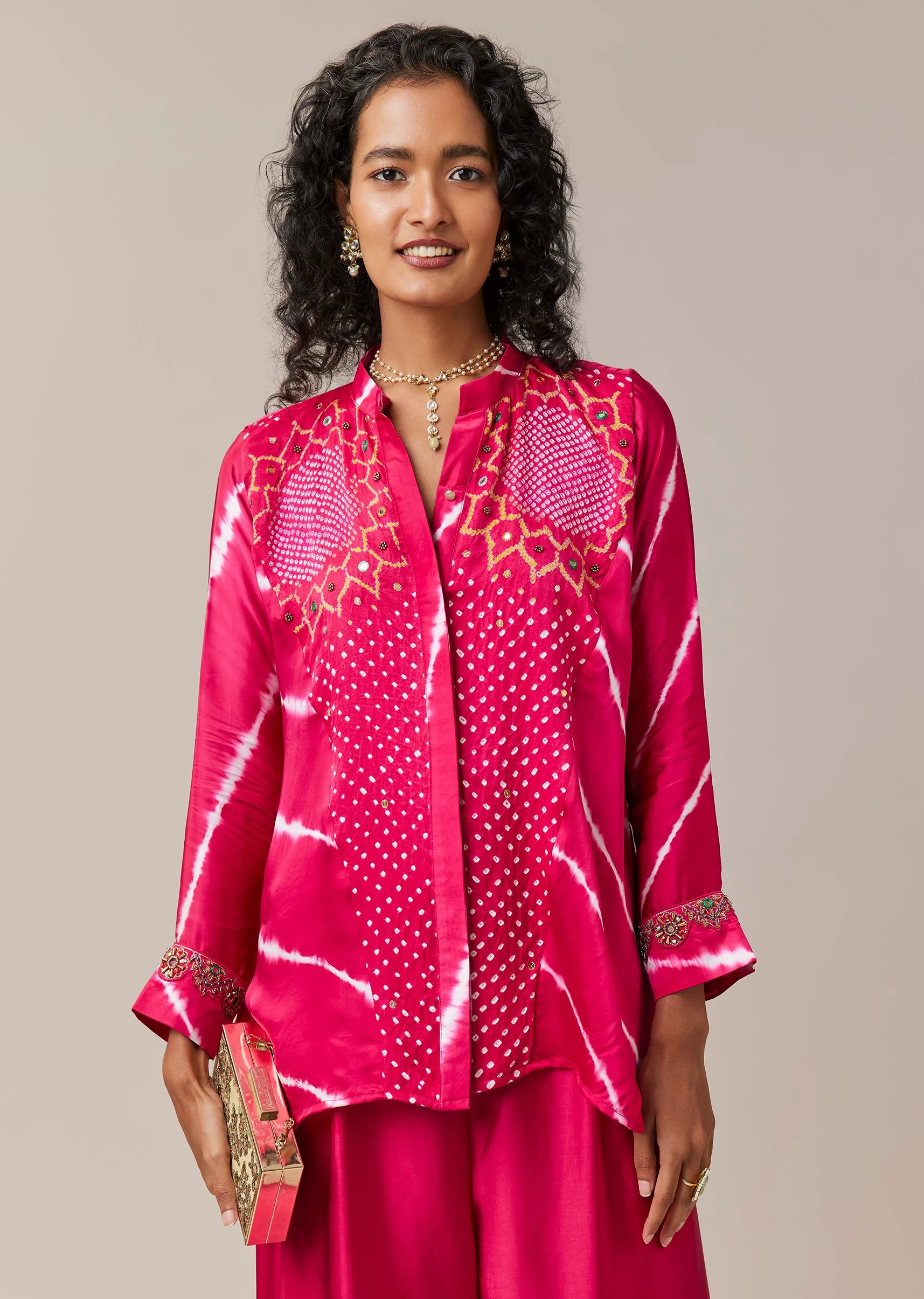 Pink Hand Dyed Bandhani and Leheriya Shirt Pant Set - Image 4