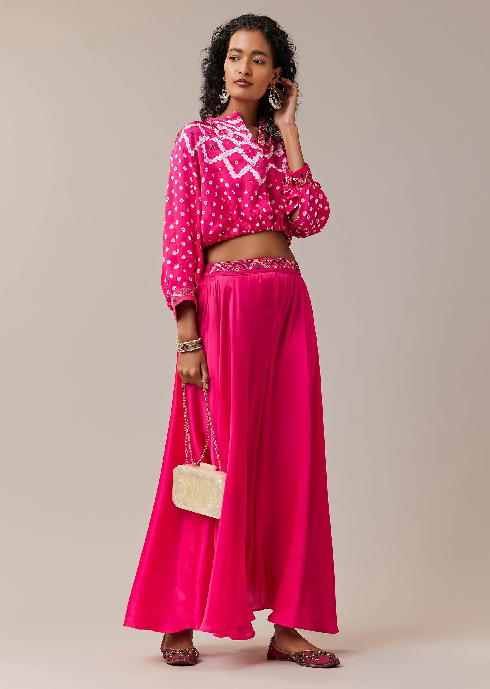 Pink Hand Dyed Bandhani Crop Top and Palazzo Set