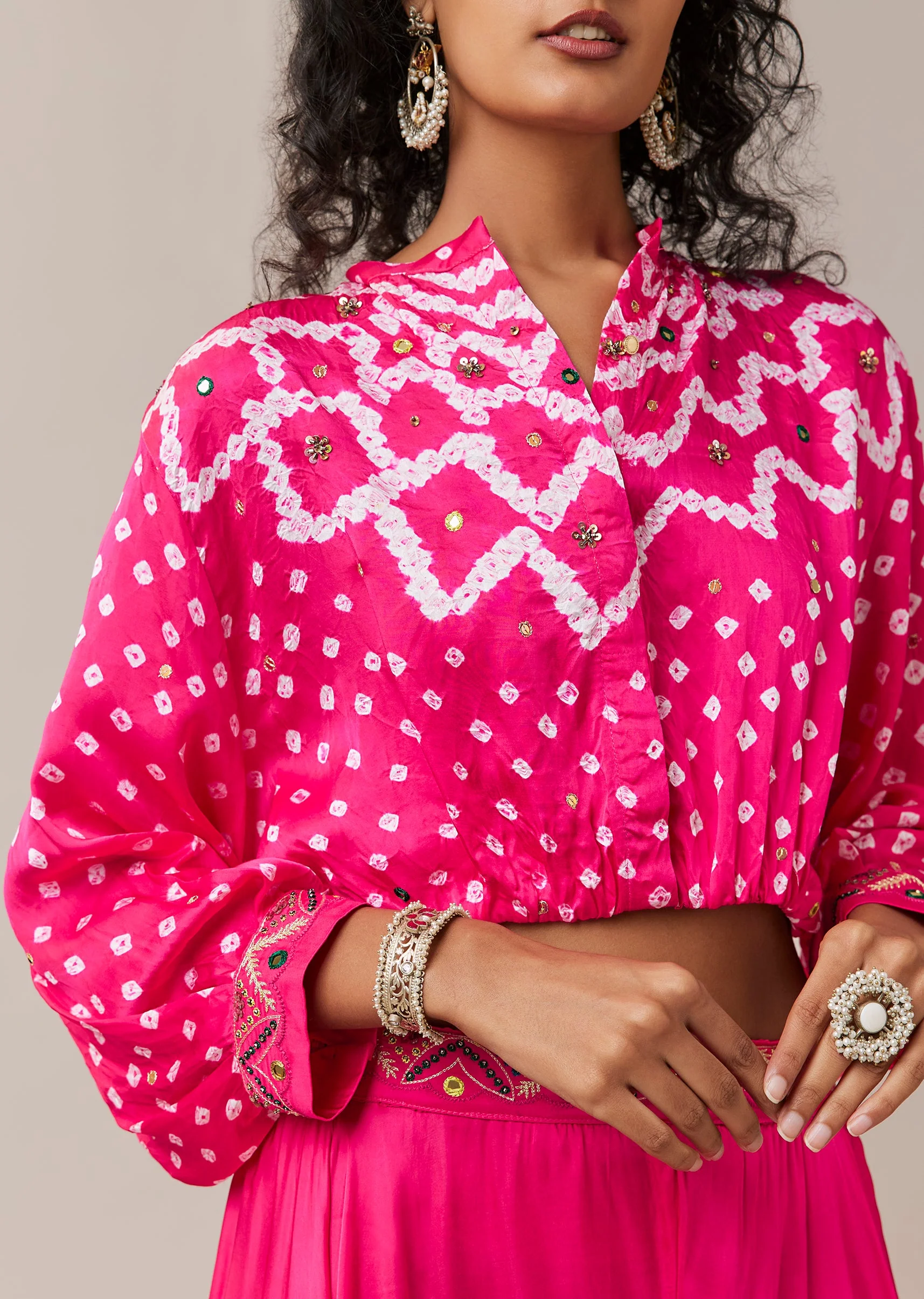 Pink Hand Dyed Bandhani Crop Top and Palazzo Set - Image 2