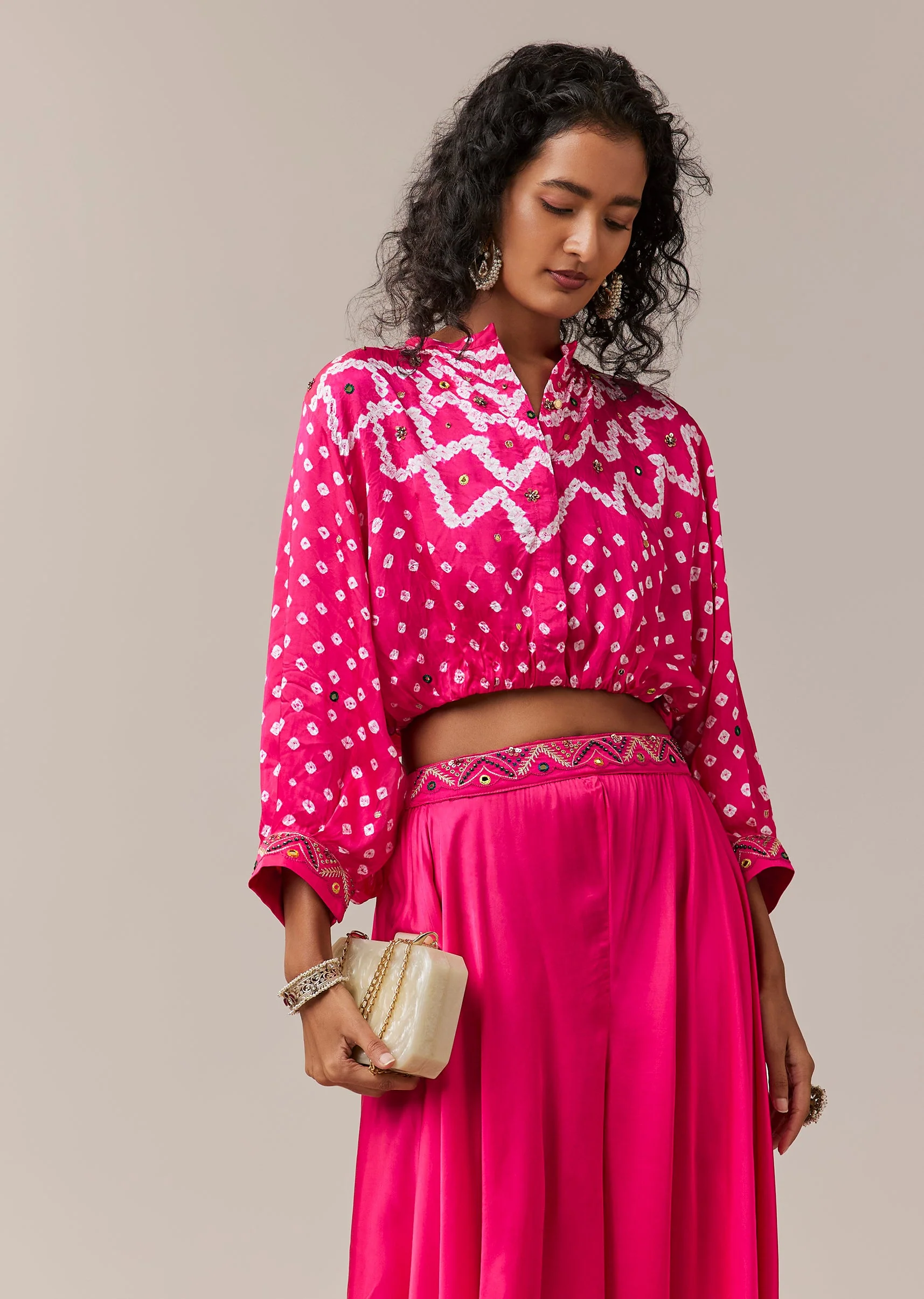 Pink Hand Dyed Bandhani Crop Top and Palazzo Set - Image 4
