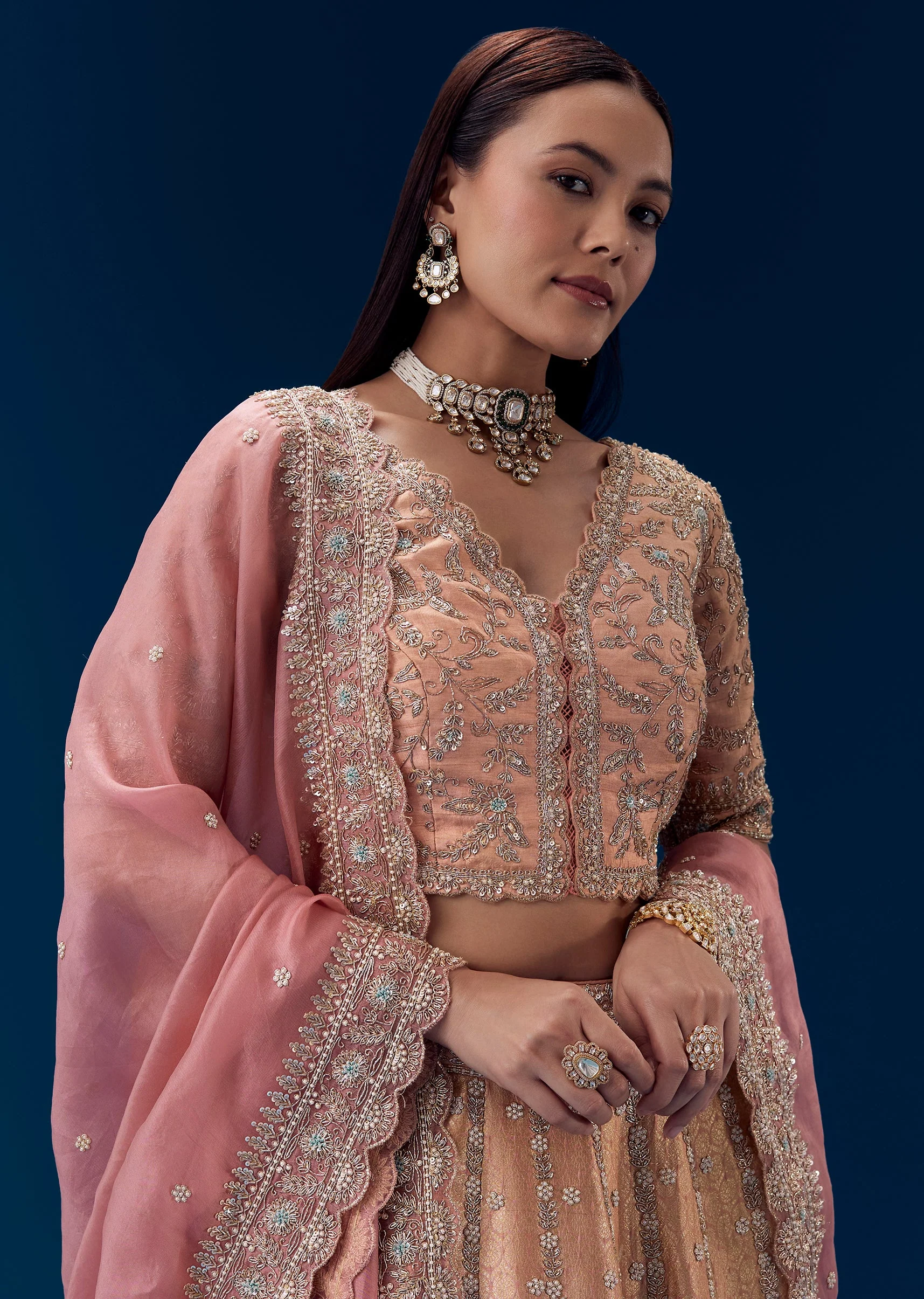 Pink Heavy Embroidered Bridal Lehenga Set in Georgette - Image 3