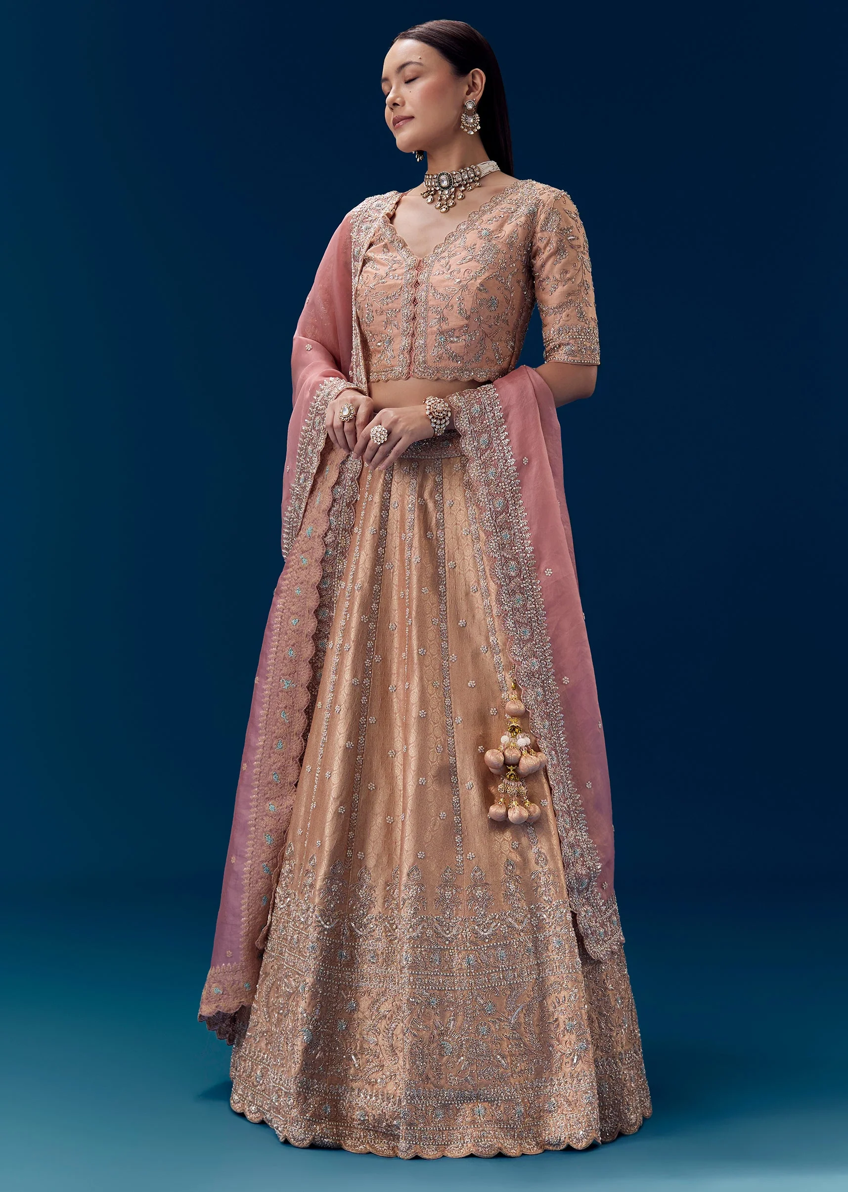 Pink Heavy Embroidered Bridal Lehenga Set in Georgette - Image 4