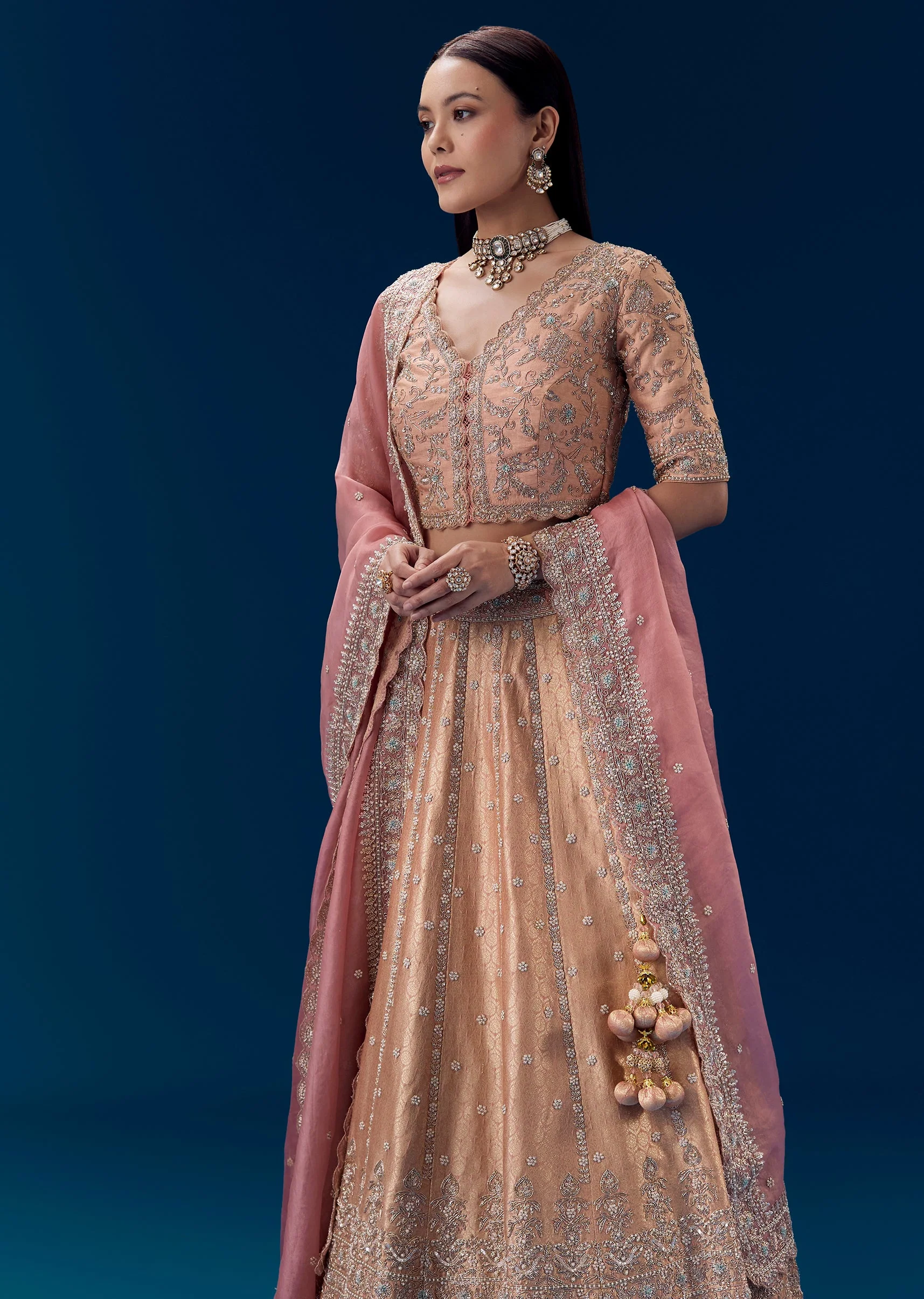 Pink Heavy Embroidered Bridal Lehenga Set in Georgette - Image 5