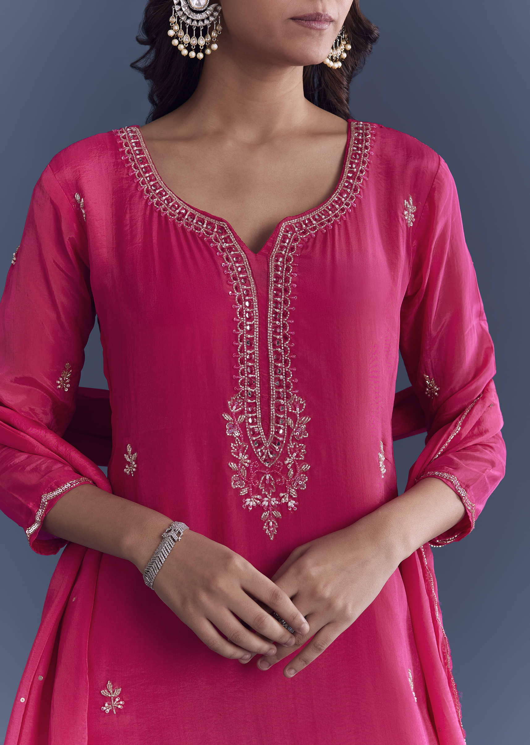 Pink Hosiery Kurta Set With Cutdana And Mirror Work - Image 2