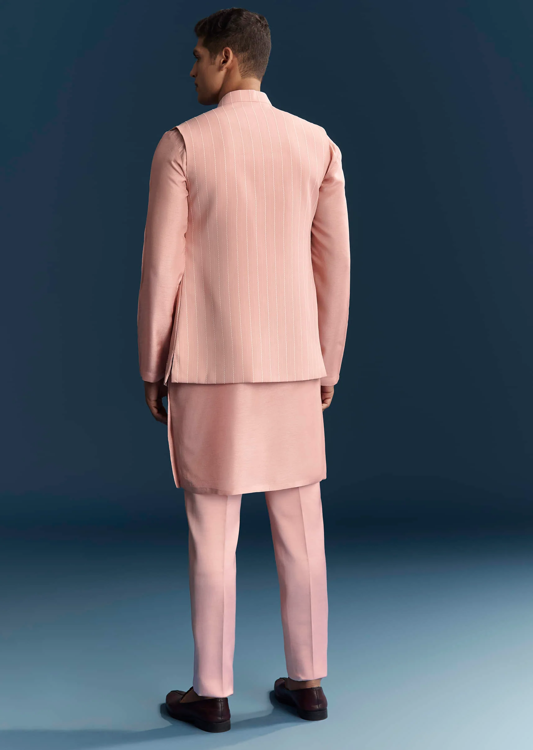 Pink Imported Linen Kurta Jacket Set For Men With Aari Embroidery - Image 5