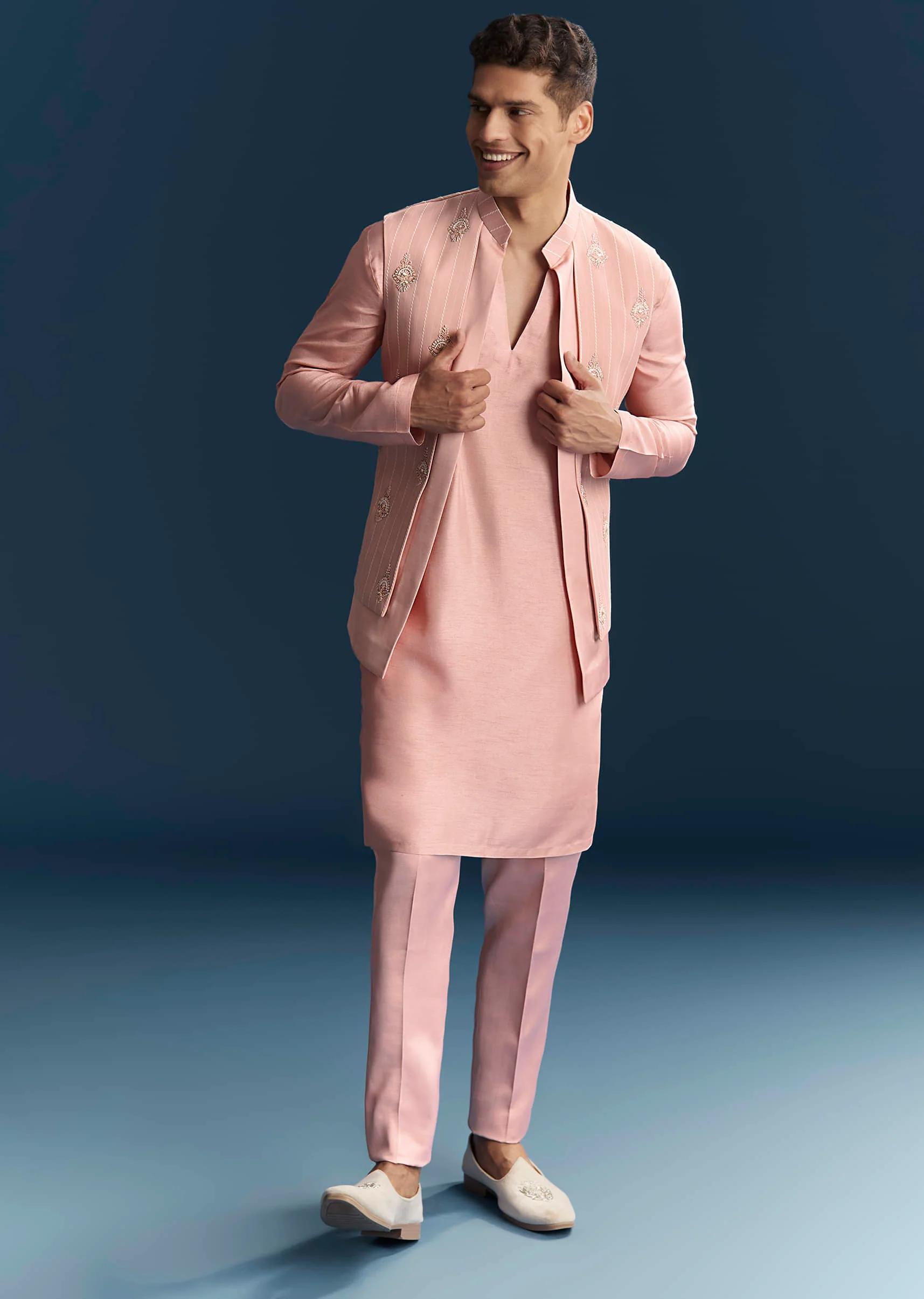 Pink Imported Linen Kurta Jacket Set For Men With Aari Work