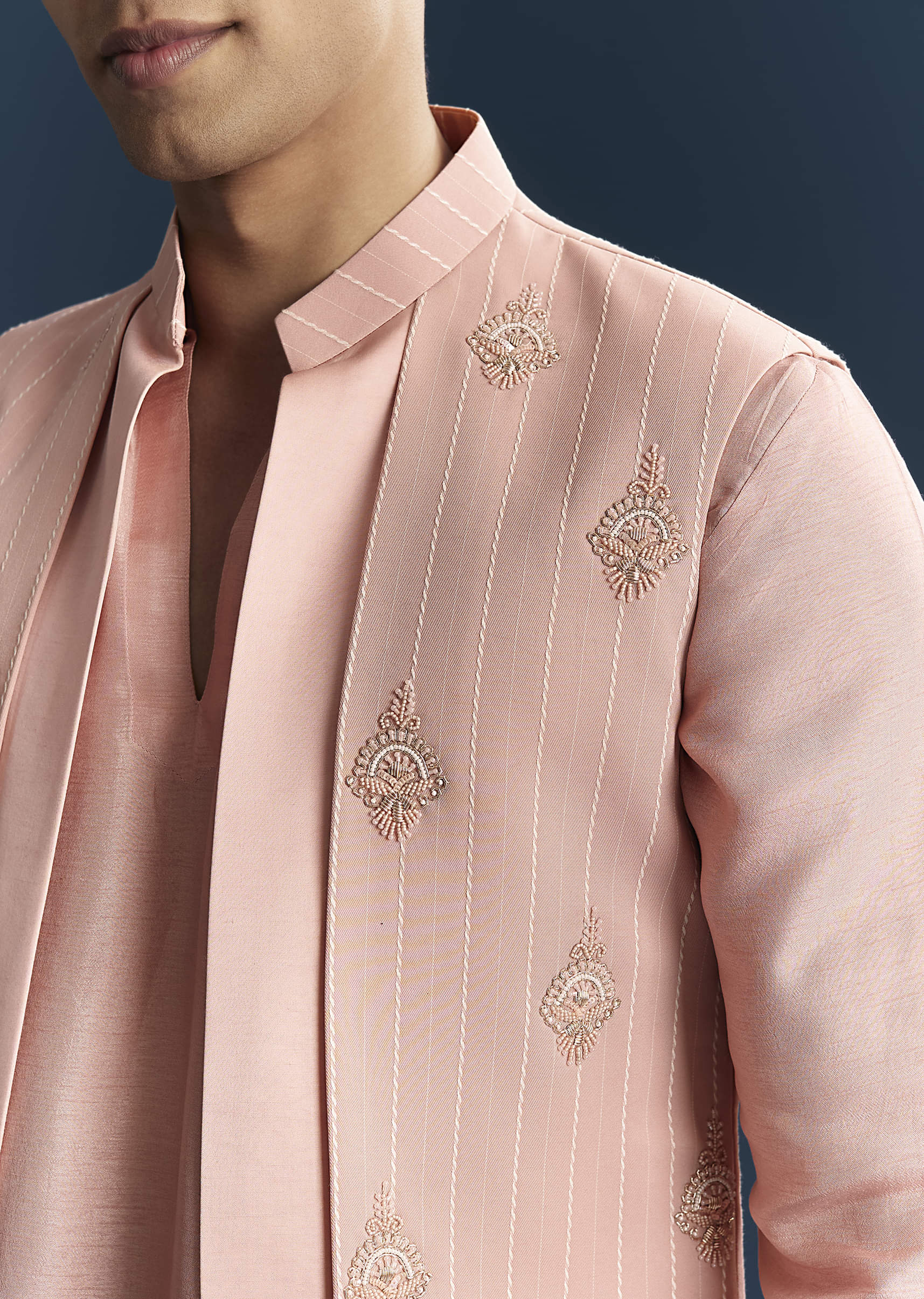 Pink Imported Linen Kurta Jacket Set For Men With Aari Work - Image 2