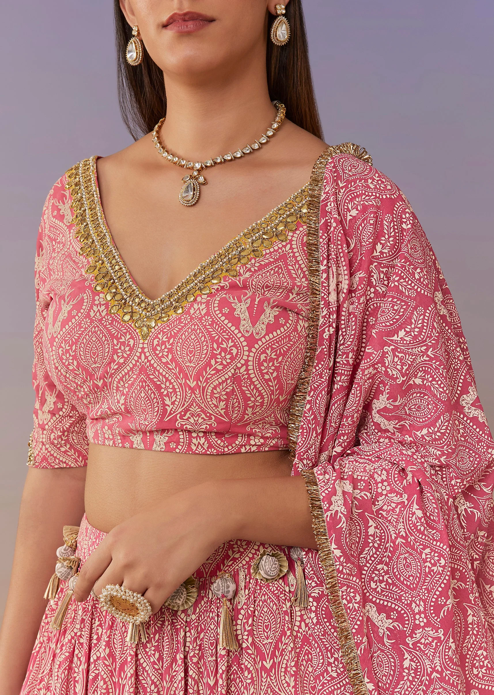 Pink Indie Printed Lehenga Set With Gotta Work Detailing - Image 3