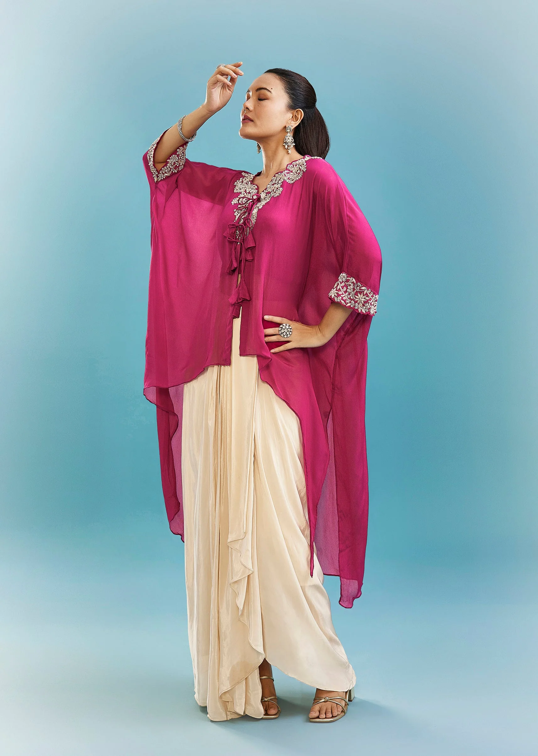 Pink Indo-Western Drape Skirt Set With Cut Dana And Beads Work Cape