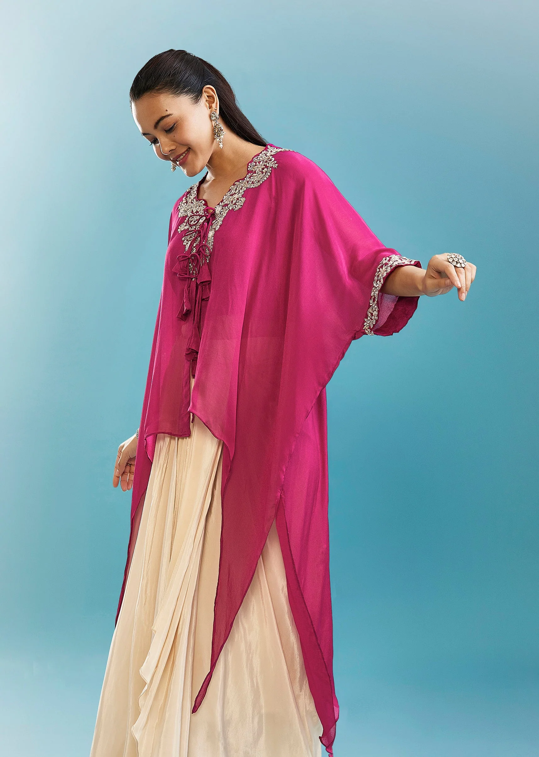 Pink Indo-Western Drape Skirt Set With Cut Dana And Beads Work Cape - Image 4