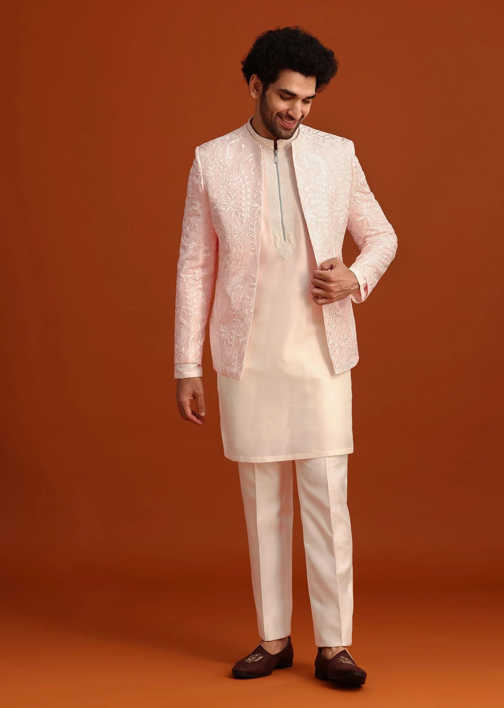 Pink Indo-Western Jacket And Kurta Set In Silk With French Knots - Image 2