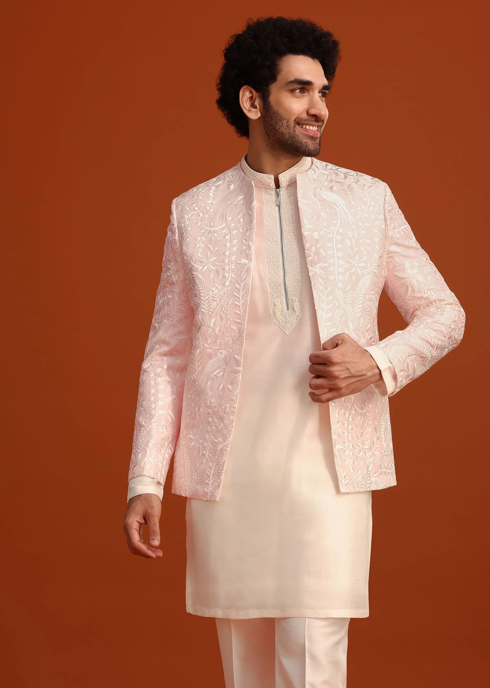 Pink Indo-Western Jacket And Kurta Set In Silk With French Knots - Image 3