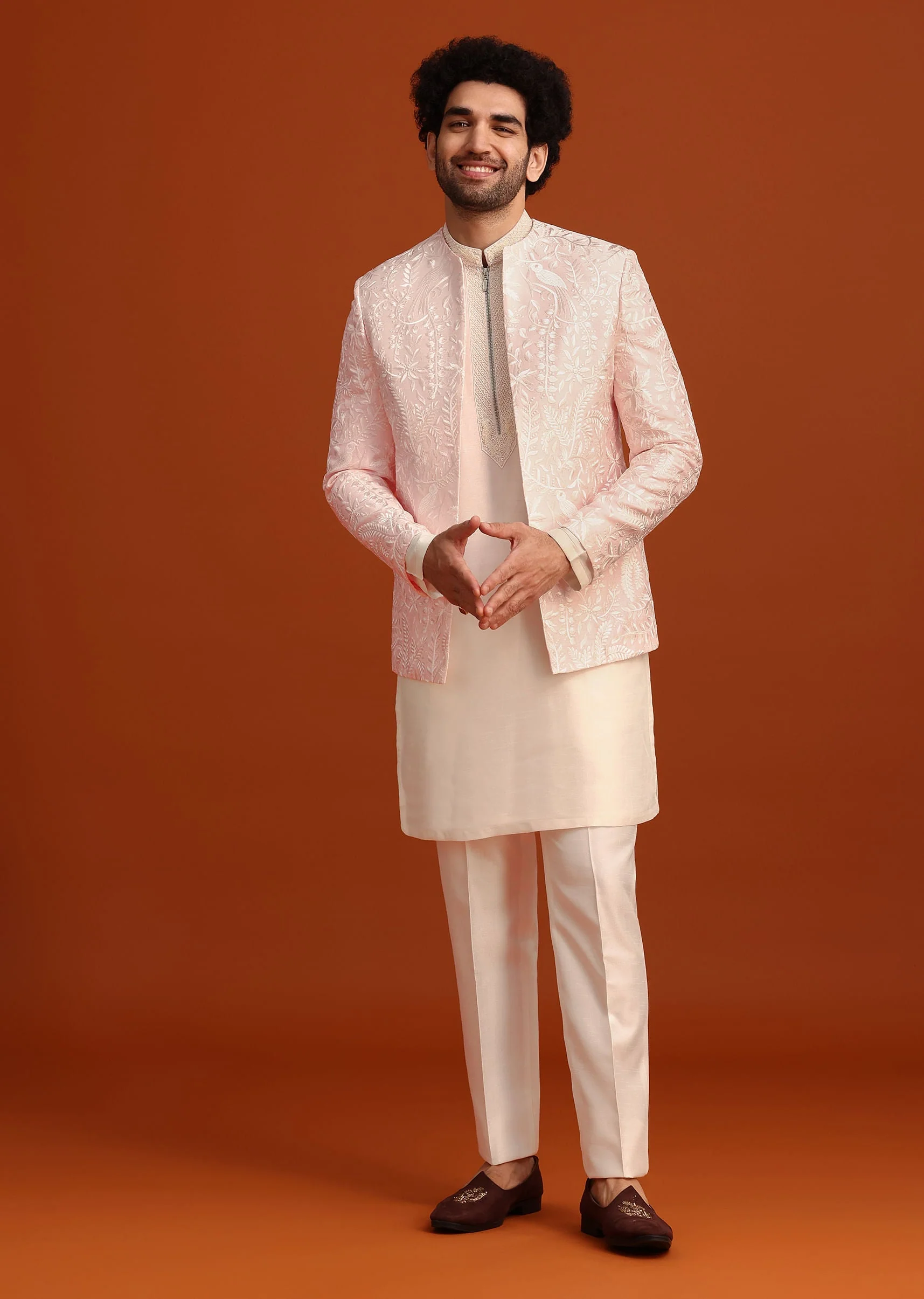 Pink Indo-Western Jacket And Kurta Set In Silk With French Knots - Image 4