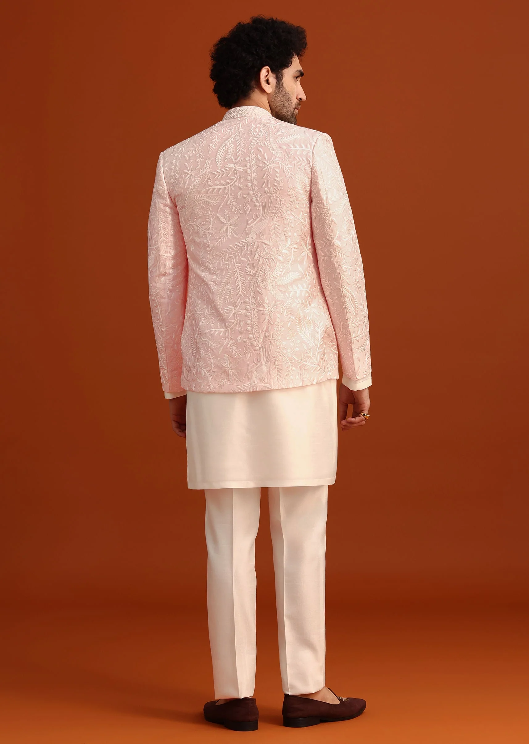 Pink Indo-Western Jacket And Kurta Set In Silk With French Knots - Image 5