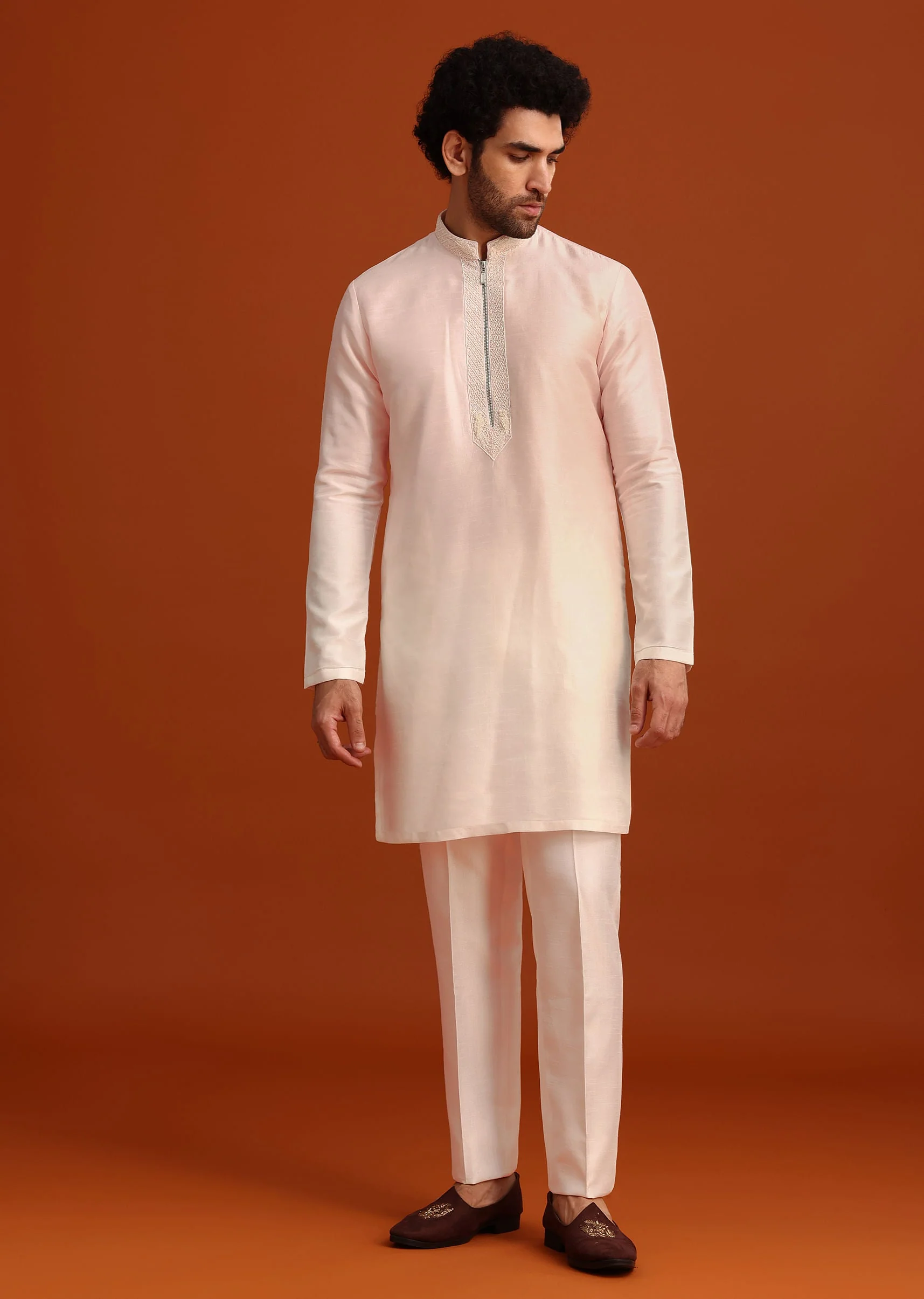 Pink Indo-Western Jacket And Kurta Set In Silk With French Knots - Image 6