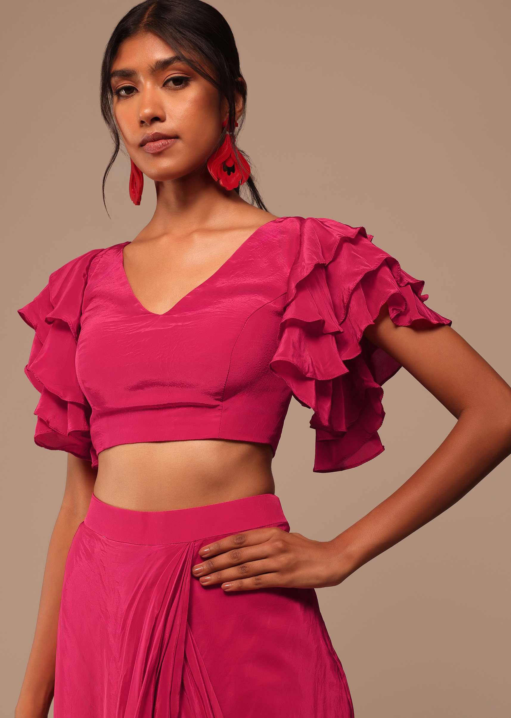 Pink Indo-western Saree And Layered Sleeves Blouse Set In Crepe - Image 2