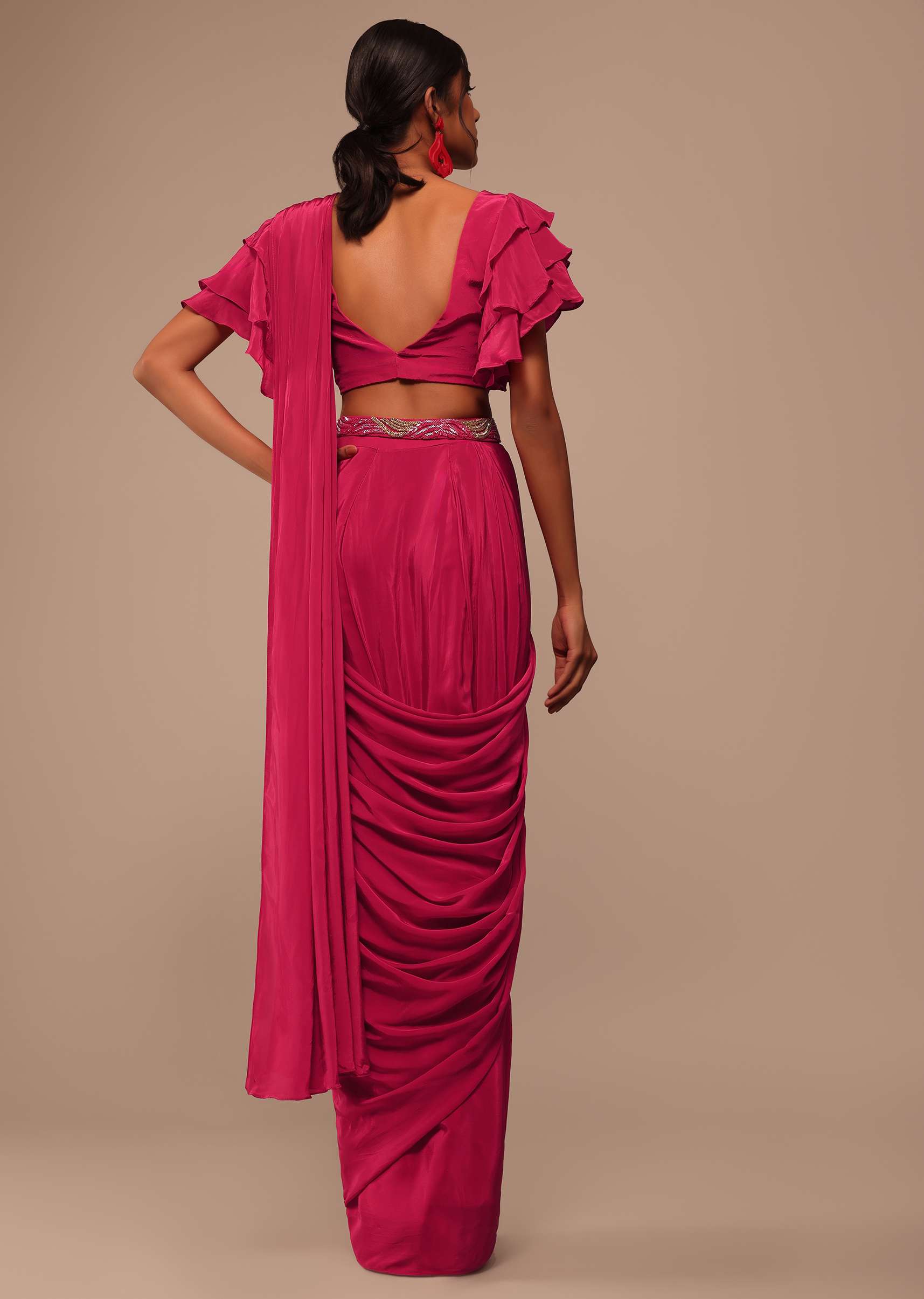 Pink Indo-western Saree And Layered Sleeves Blouse Set In Crepe - Image 4