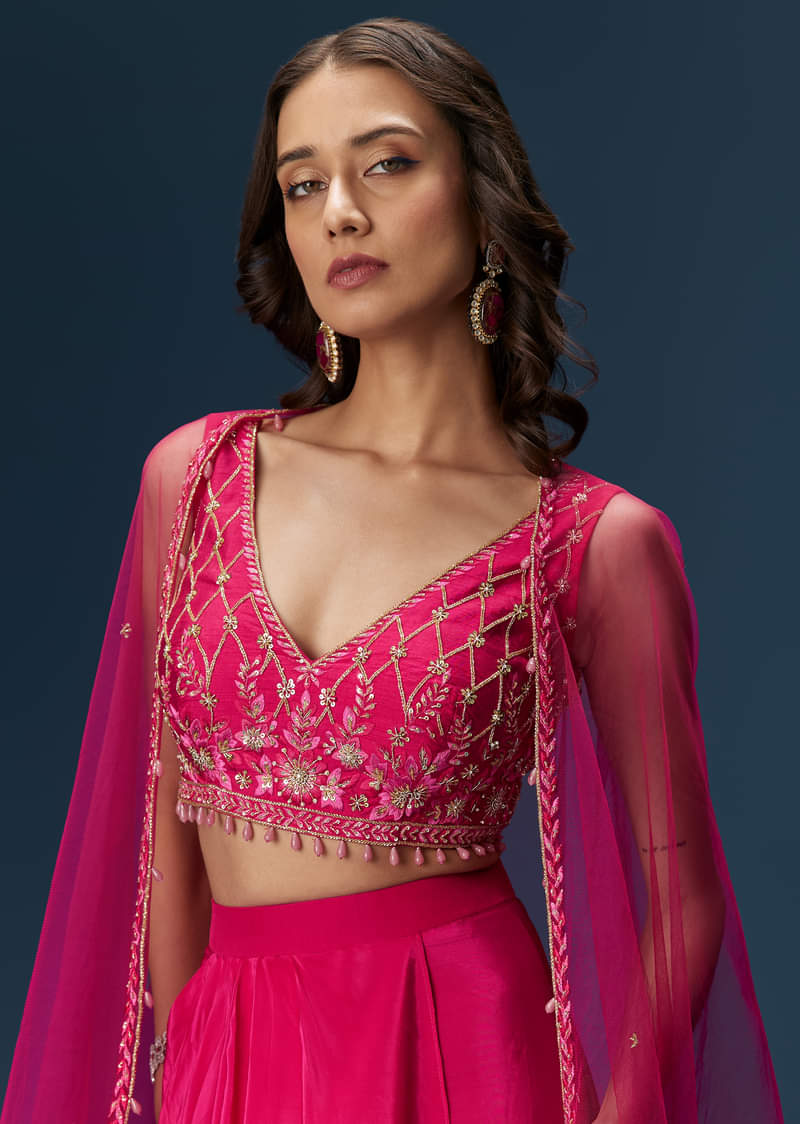 Pink Indo Western Skirt Set With Embroidered Blouse And Dupatta - Image 5