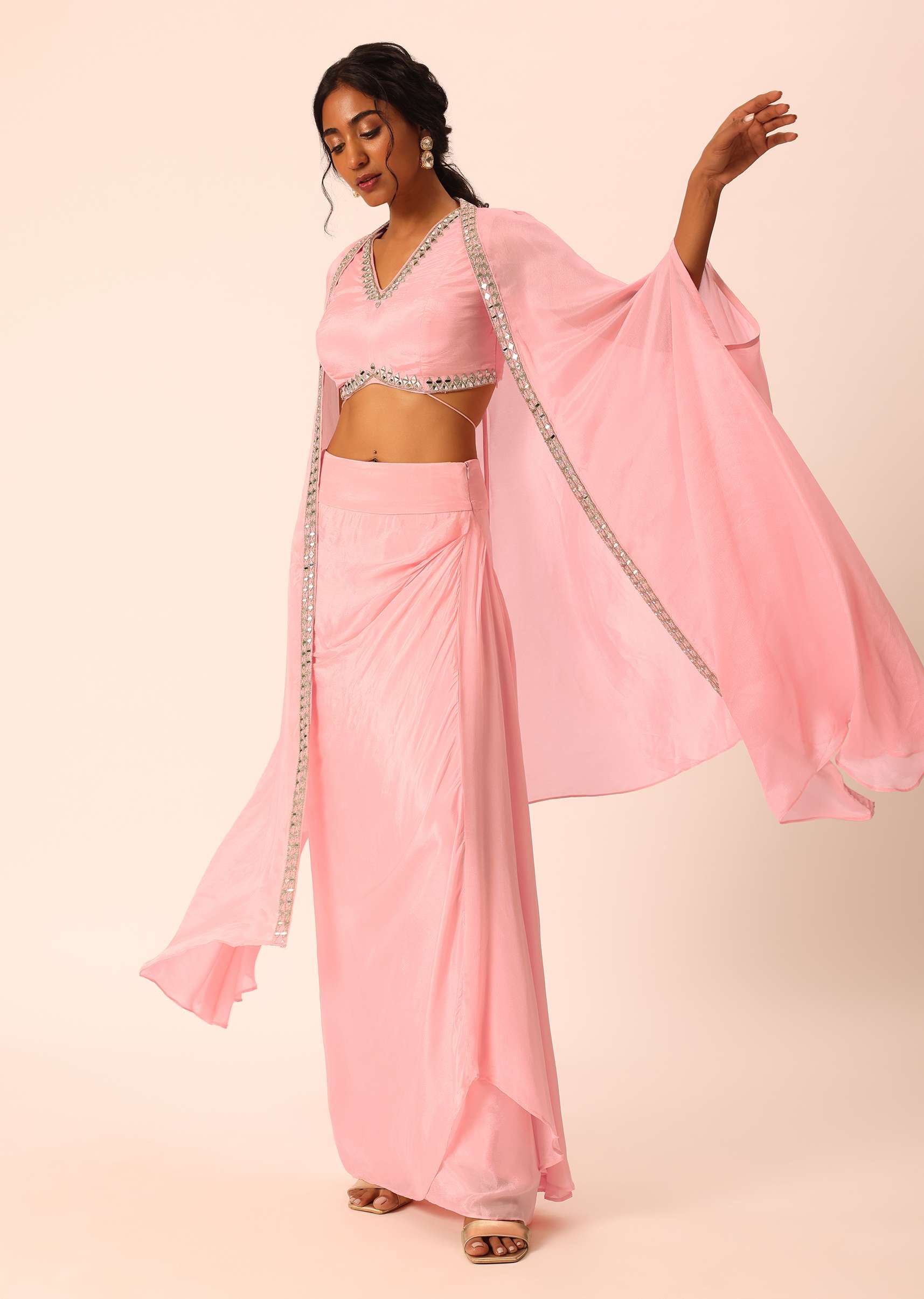 Pink Jacket And Dhoti Set With Mirror Work - Image 10