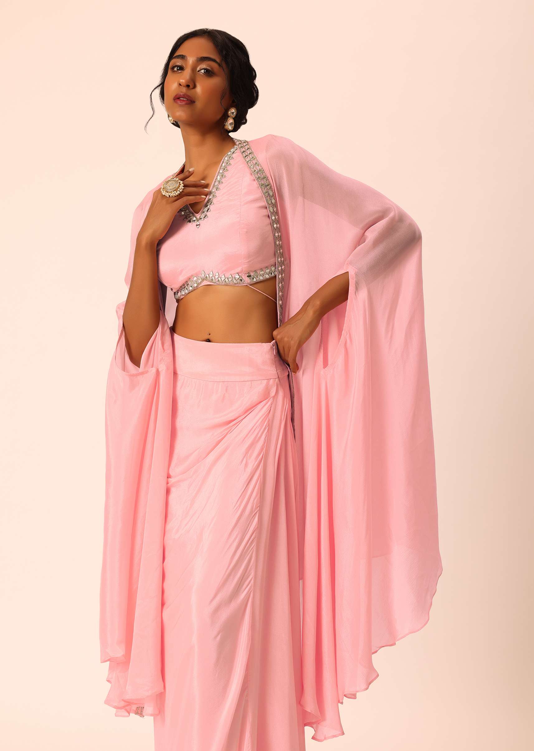Pink Jacket And Dhoti Set With Mirror Work - Image 3