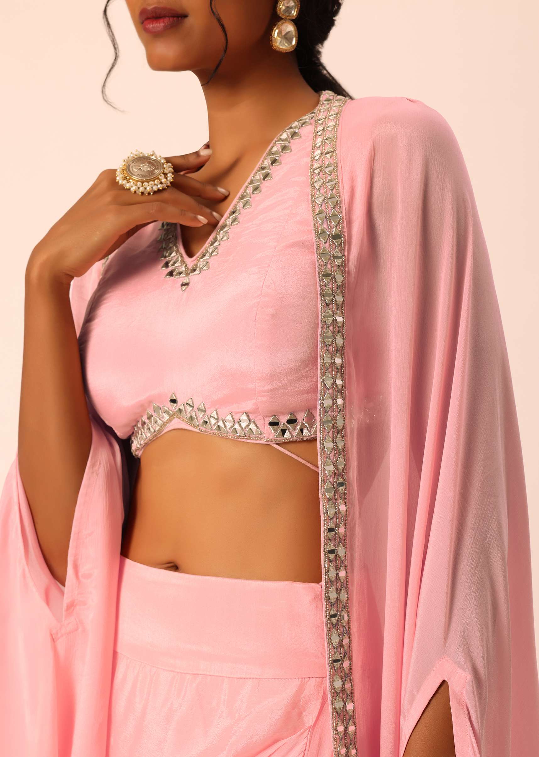 Pink Jacket And Dhoti Set With Mirror Work - Image 4